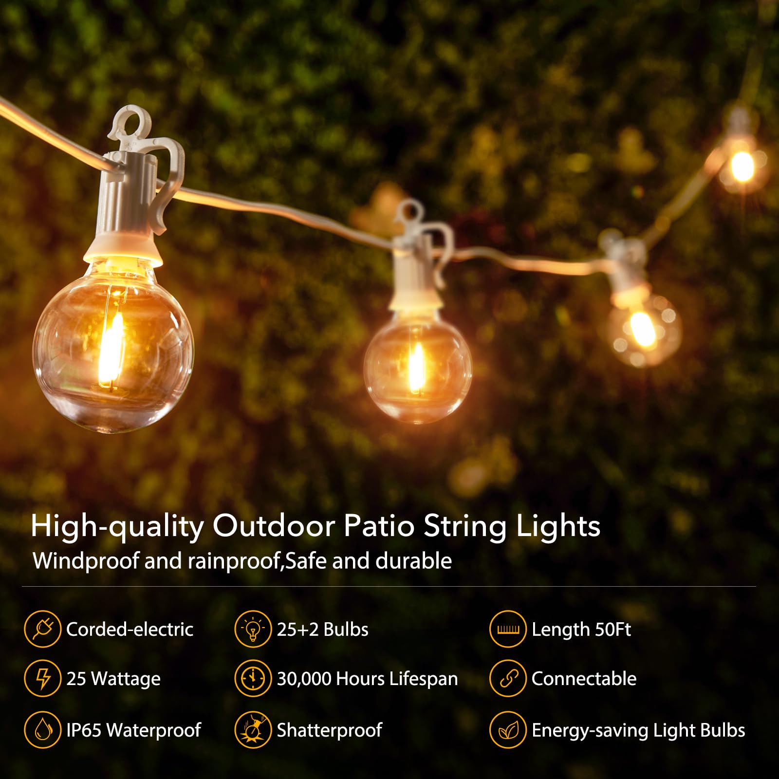 50FT Outdoor String Lights G40 – 25 Shatterproof Bulbs, IP65 Waterproof, Dimmable LED for Patio & Backyard