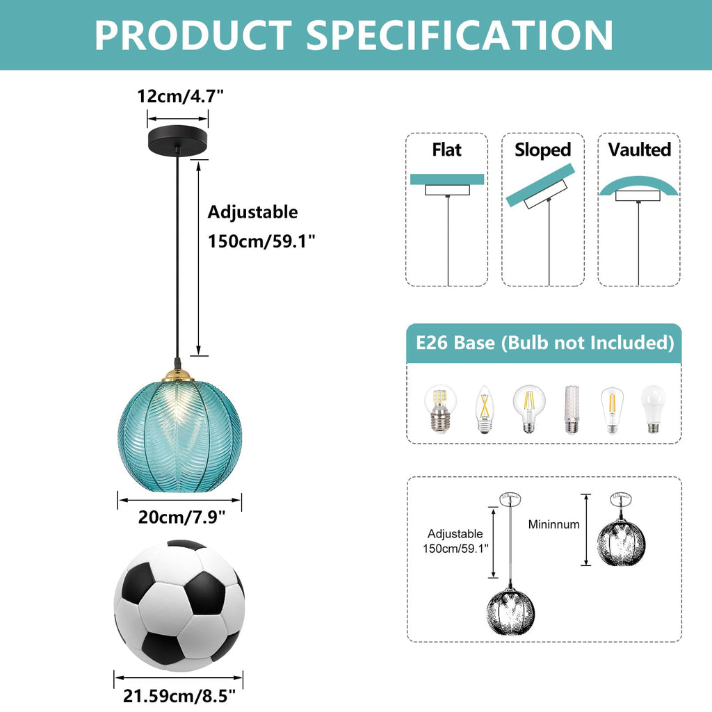 Blue Glass Globe Pendant Light, Black Round Fixture for Kitchen Decor