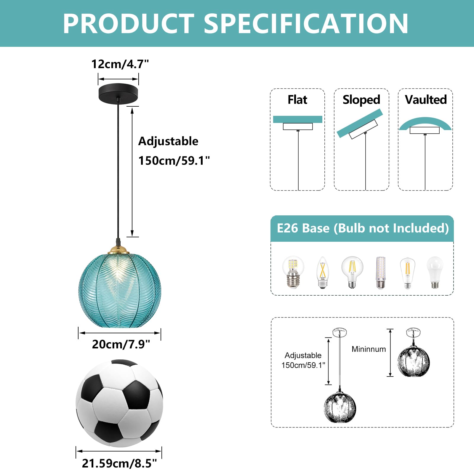 Blue Glass Globe Pendant Light, Black Round Fixture for Kitchen Decor