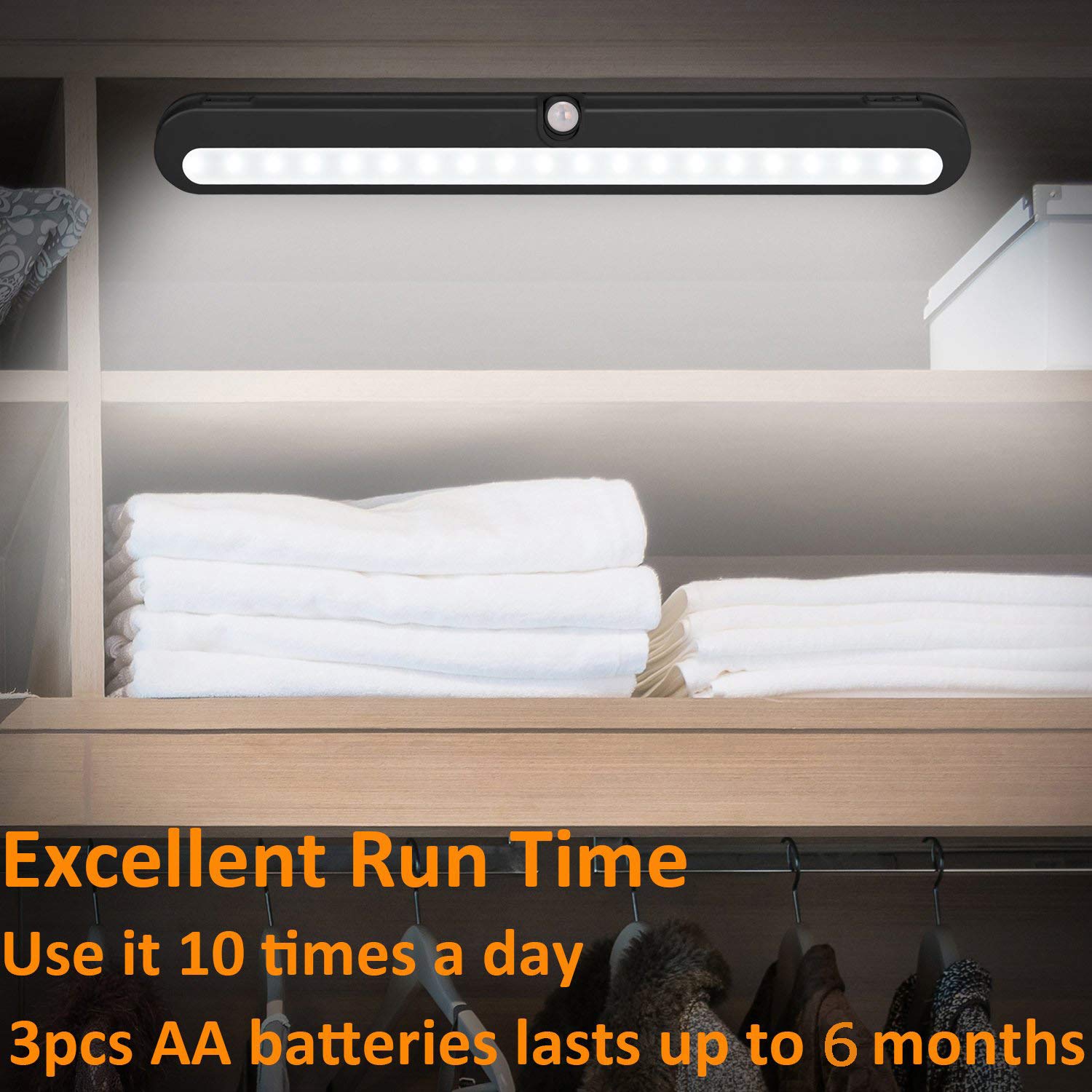 BLS T01LB LED Under Cabinet Light – 20 LED Motion Sensor, Battery Powered, Auto On/Off, Wireless for Closets & Cabinets