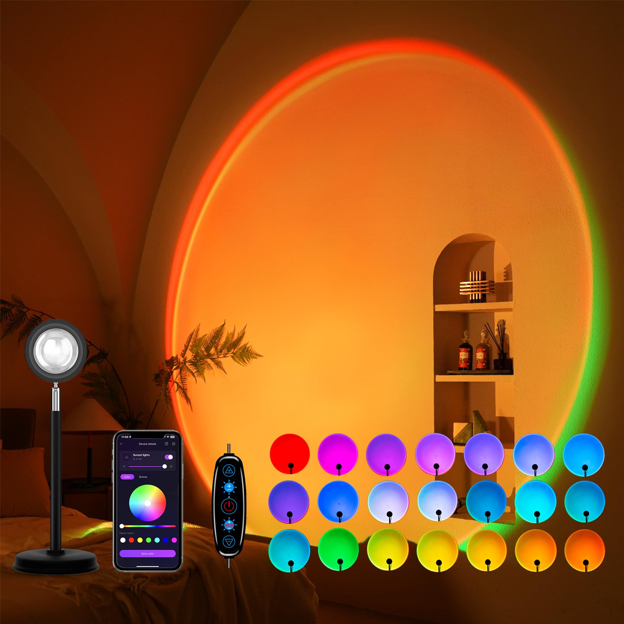 Sunset projection night light with 21 colors and app control