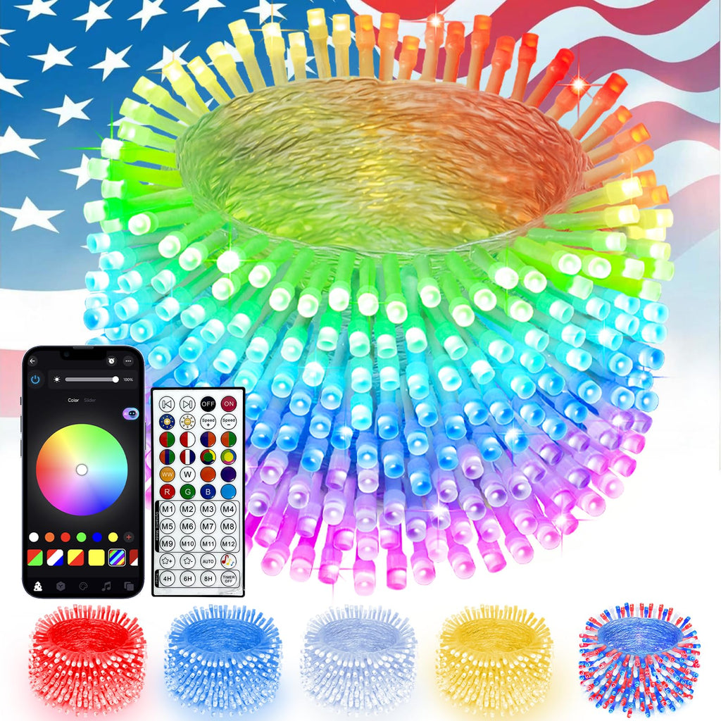 132-ft red white and blue RGB outdoor string lights with app and timer