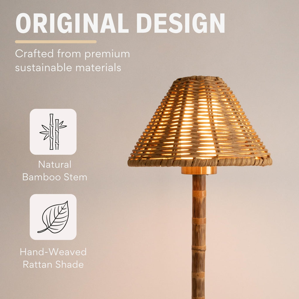 LUXELYKOS Bamboo Cordless LED Table Lamp – Rechargeable 24HR Battery, Dimmable Warm Light, 15IN Portable with Remote for Indoor Outdoor Patio