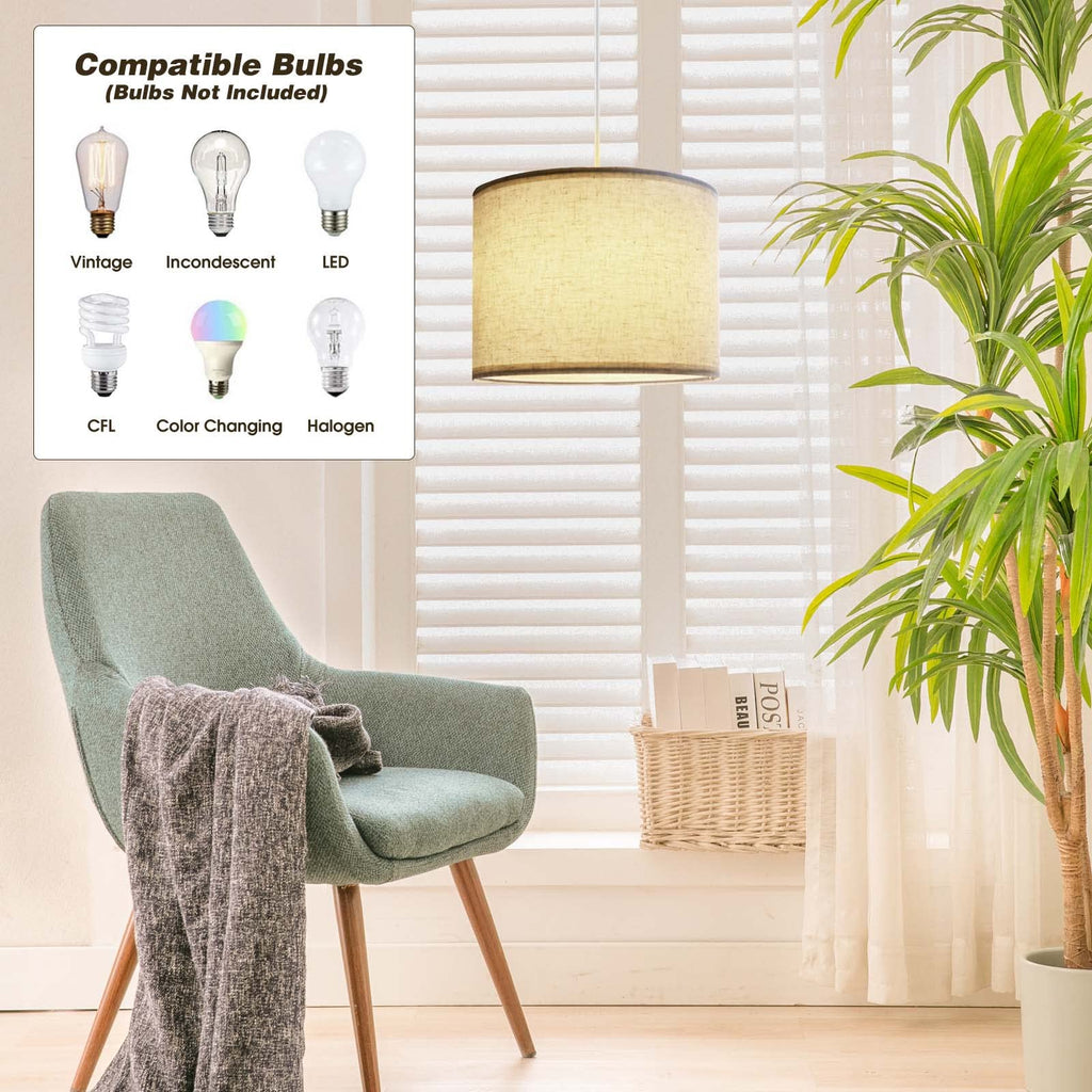 Plug-In Fabric Shade Pendant Light with 15Ft Cord for Home Decor