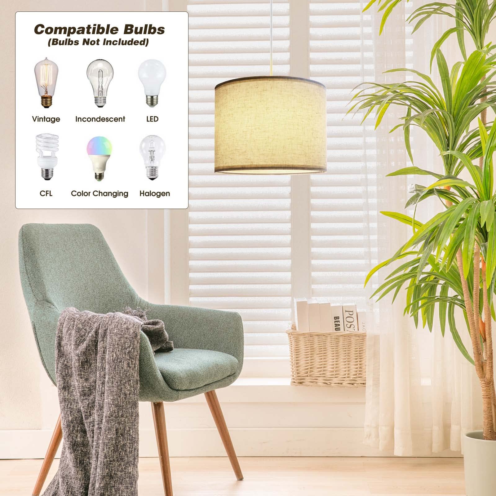 Plug-In Fabric Shade Pendant Light with 15Ft Cord for Home Decor