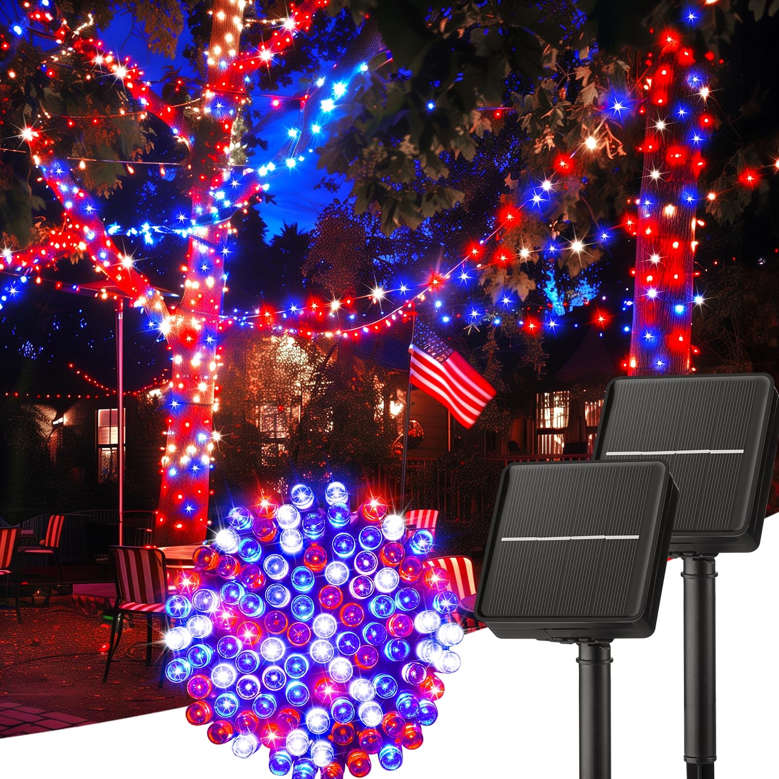Solar red white and blue outdoor string light, 80ft 200 LED, 8 modes