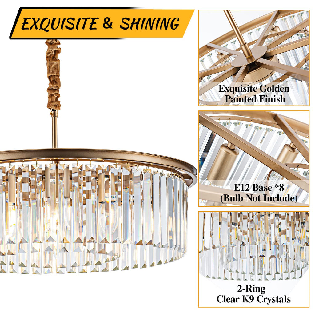 8-Light Crystal Double-Ring Chandelier in Gold for Dining Decor