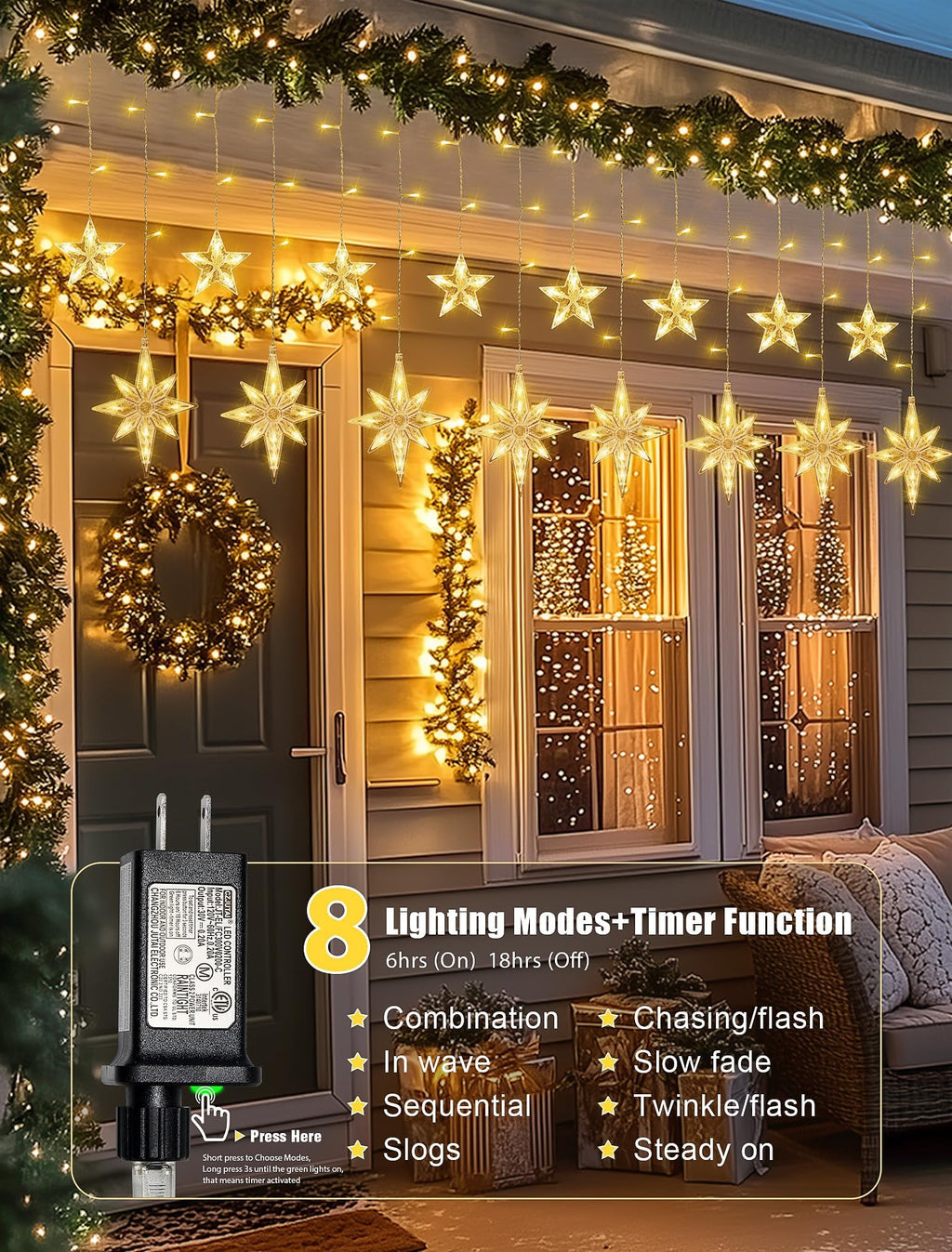 Star icicle curtain string light, 126 LED, 7.8 ft, 8 modes