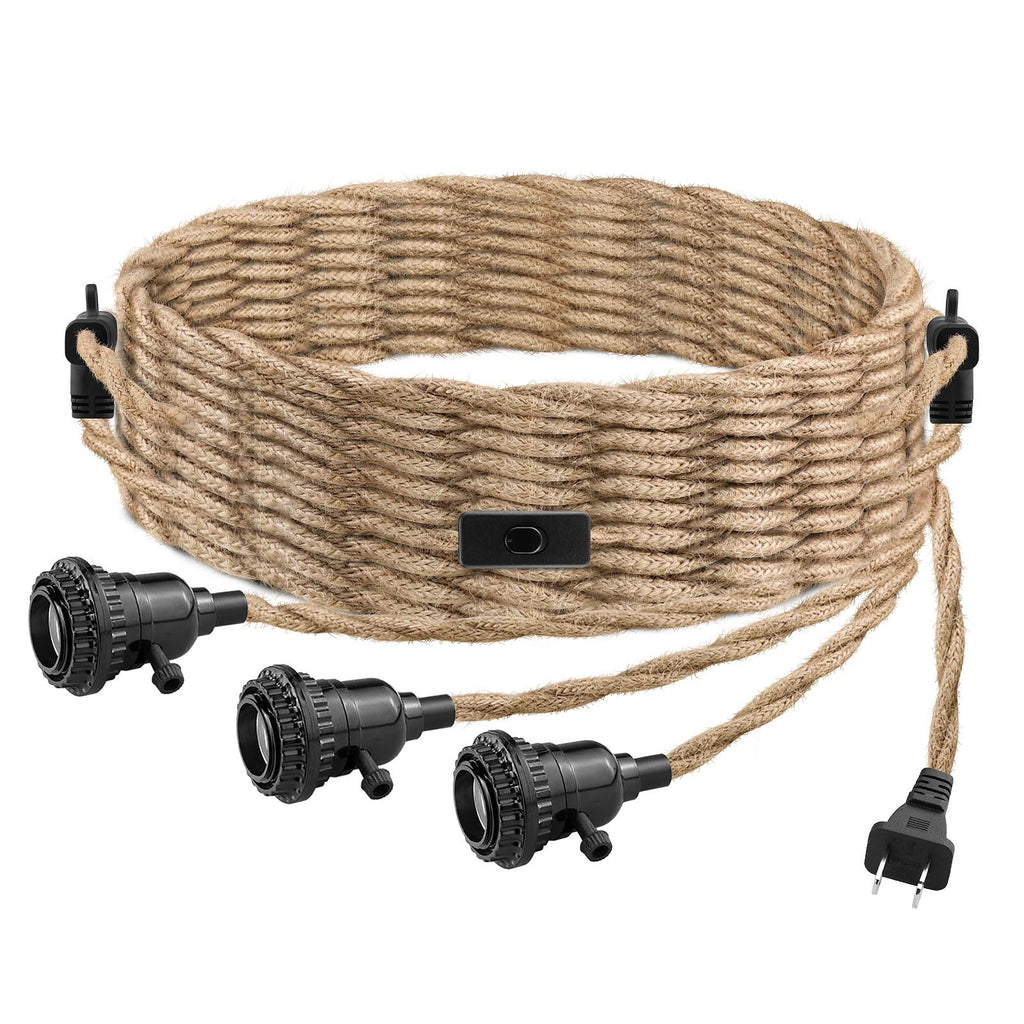 3-light plug-in pendant light kit, 25 ft hemp rope cord for decor
