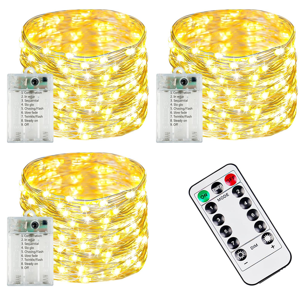 3-pack 78 ft battery string lights, 240 LED with remote and 8 modes