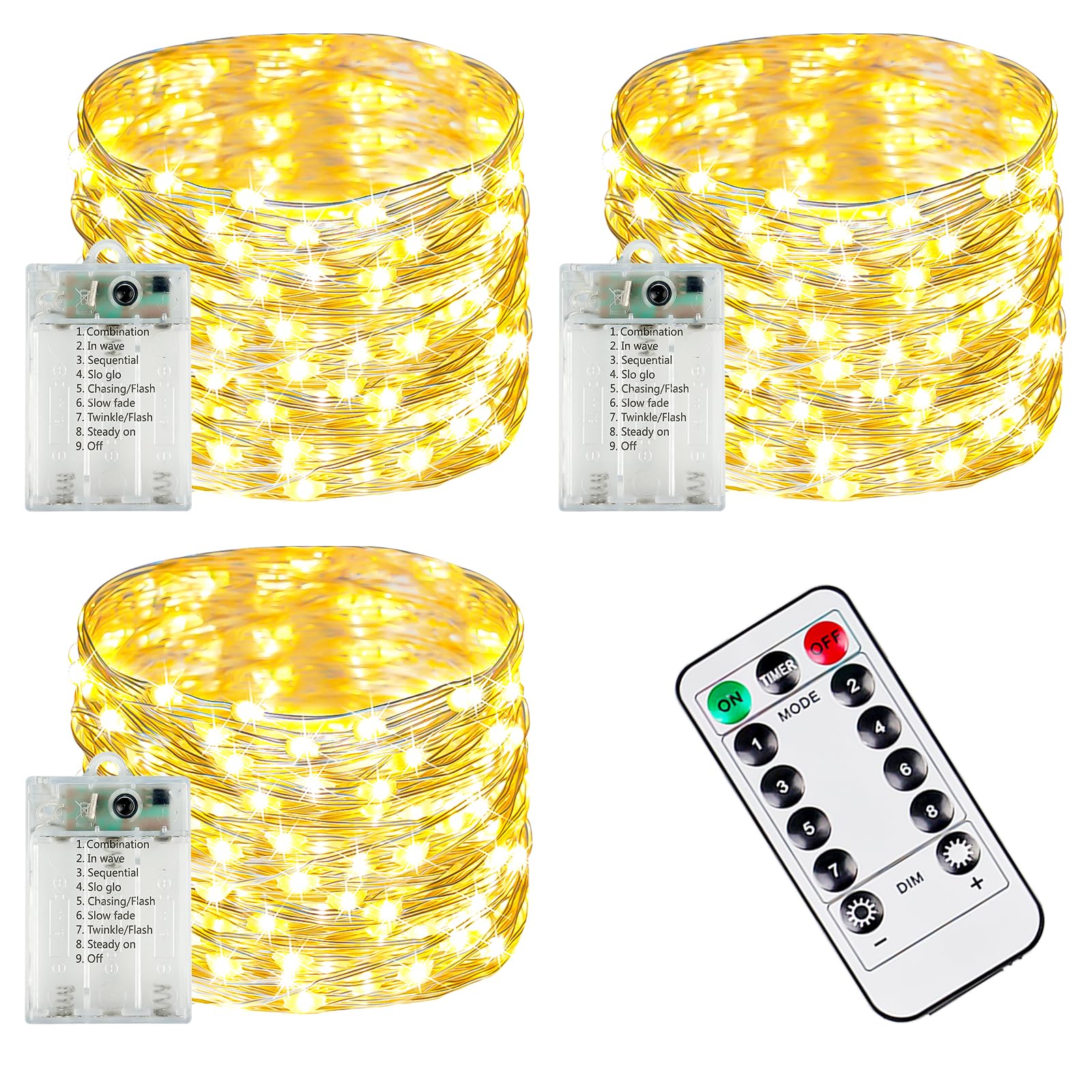 3-pack 78 ft battery string lights, 240 LED with remote and 8 modes