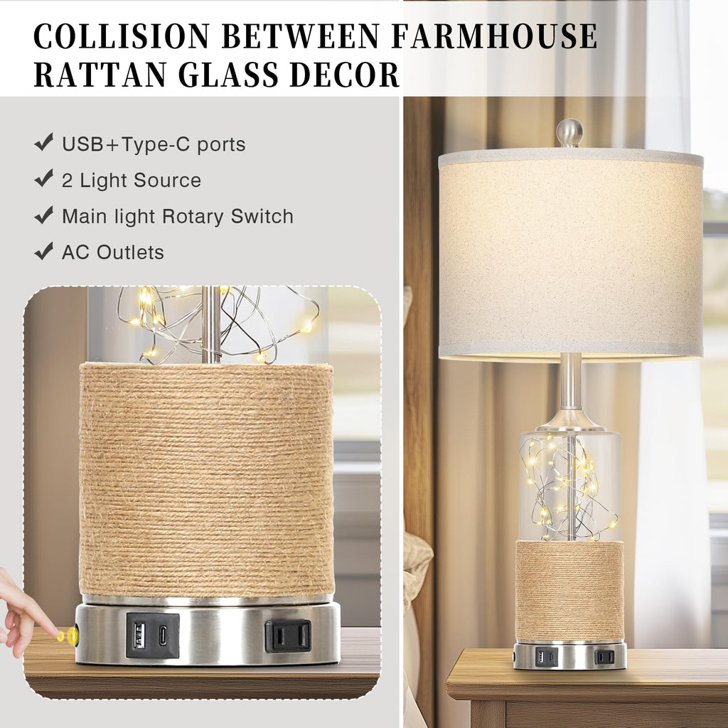 2-Pack 25" Coastal Glass Table Lamps – Touch Control 3-Way Dimmable with USB-C Ports & Linen Shade for Living Room & Bedroom