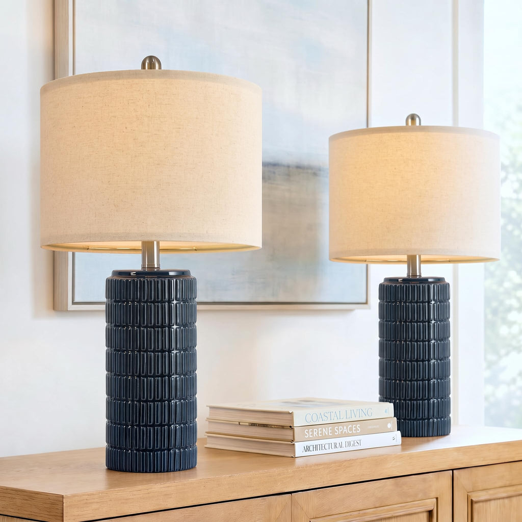 Blue ceramic farmhouse table lamp set for bedroom nightstands
