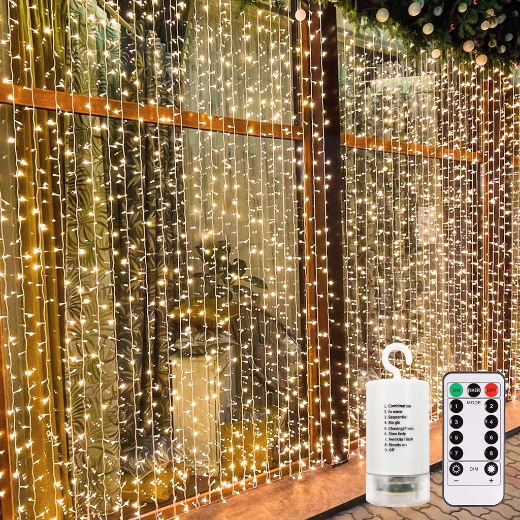 9.8x9.8-ft LED curtain string lights, battery operated, with remote and timer