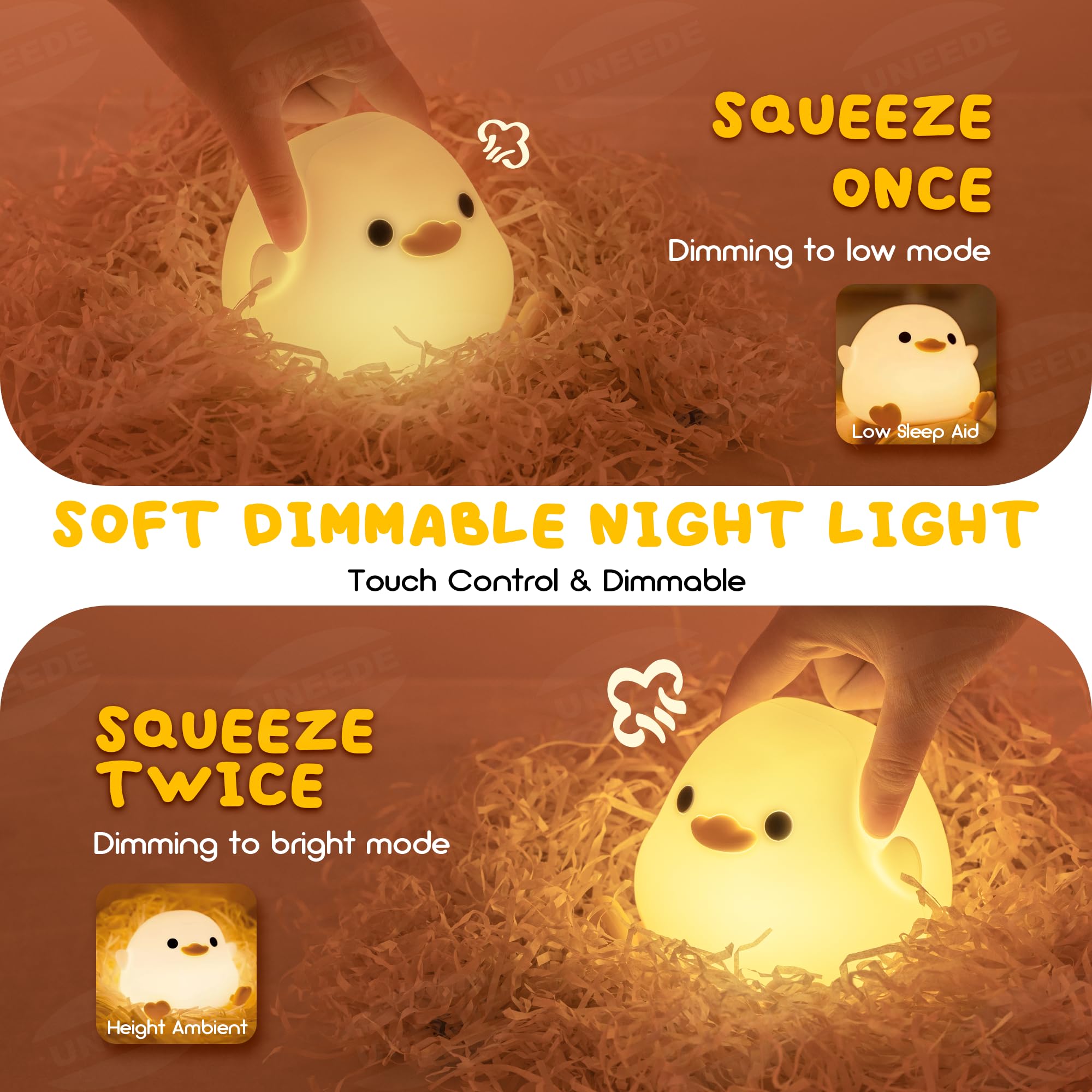 Squishy duck-shaped silicone night light with touch sensor and dimming