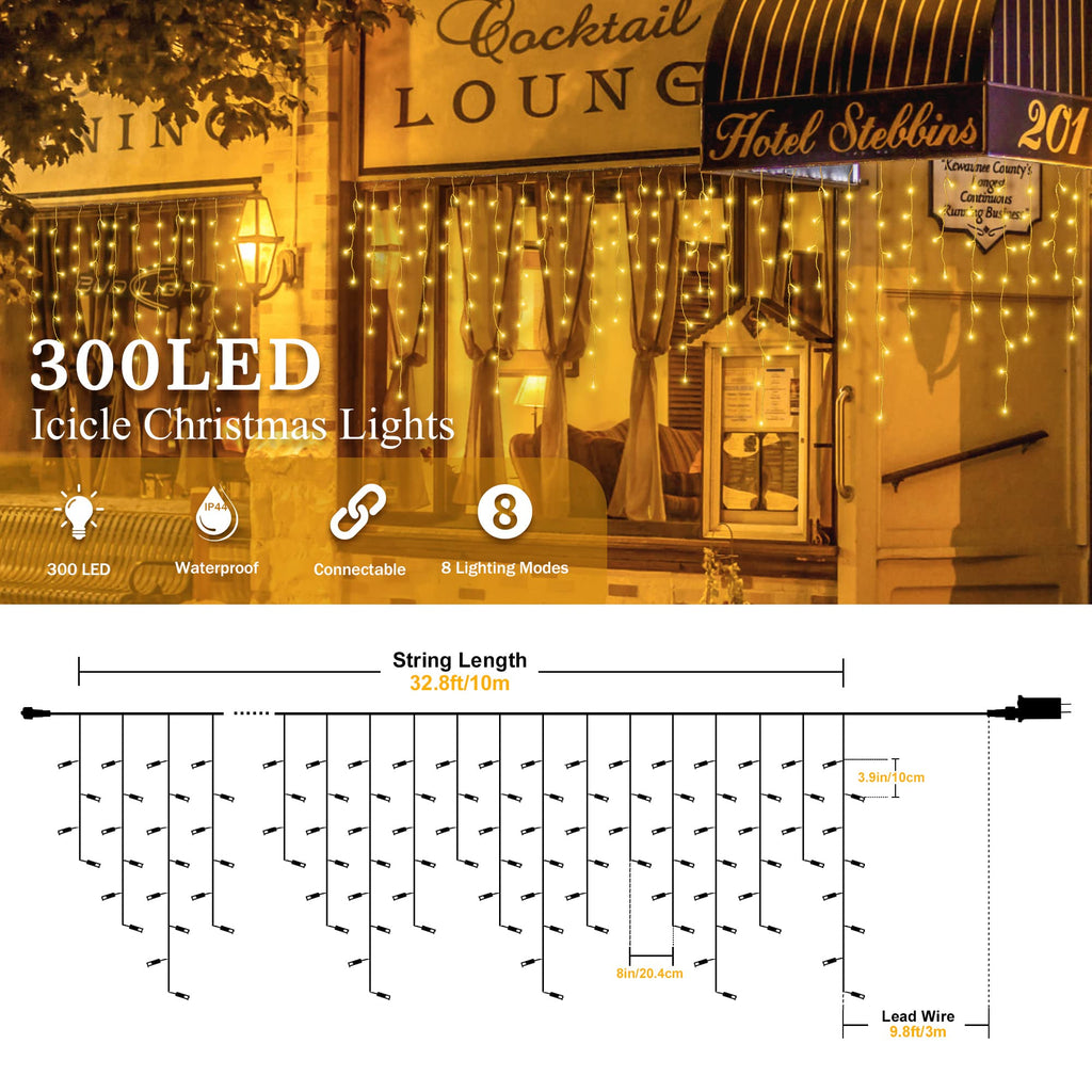 33 ft warm white icicle string lights with 300 LED and 50 drops
