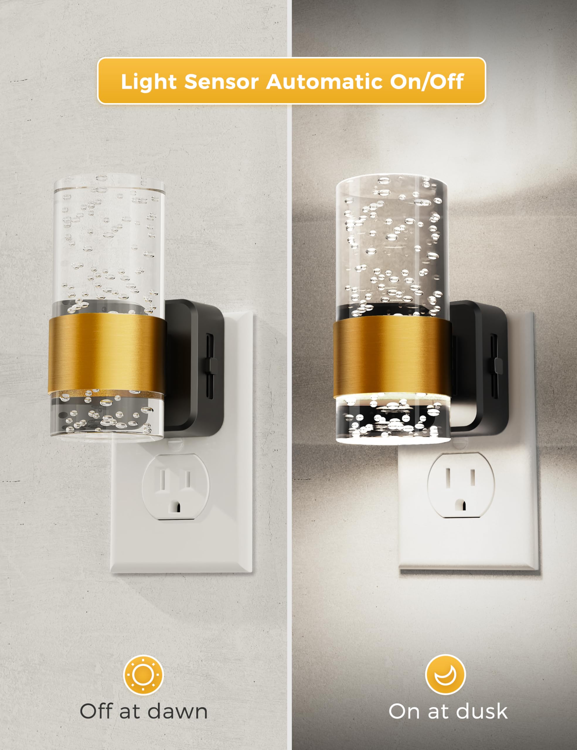 Plug-in LED night light with adjustable brightness and auto sensor, 2-pack