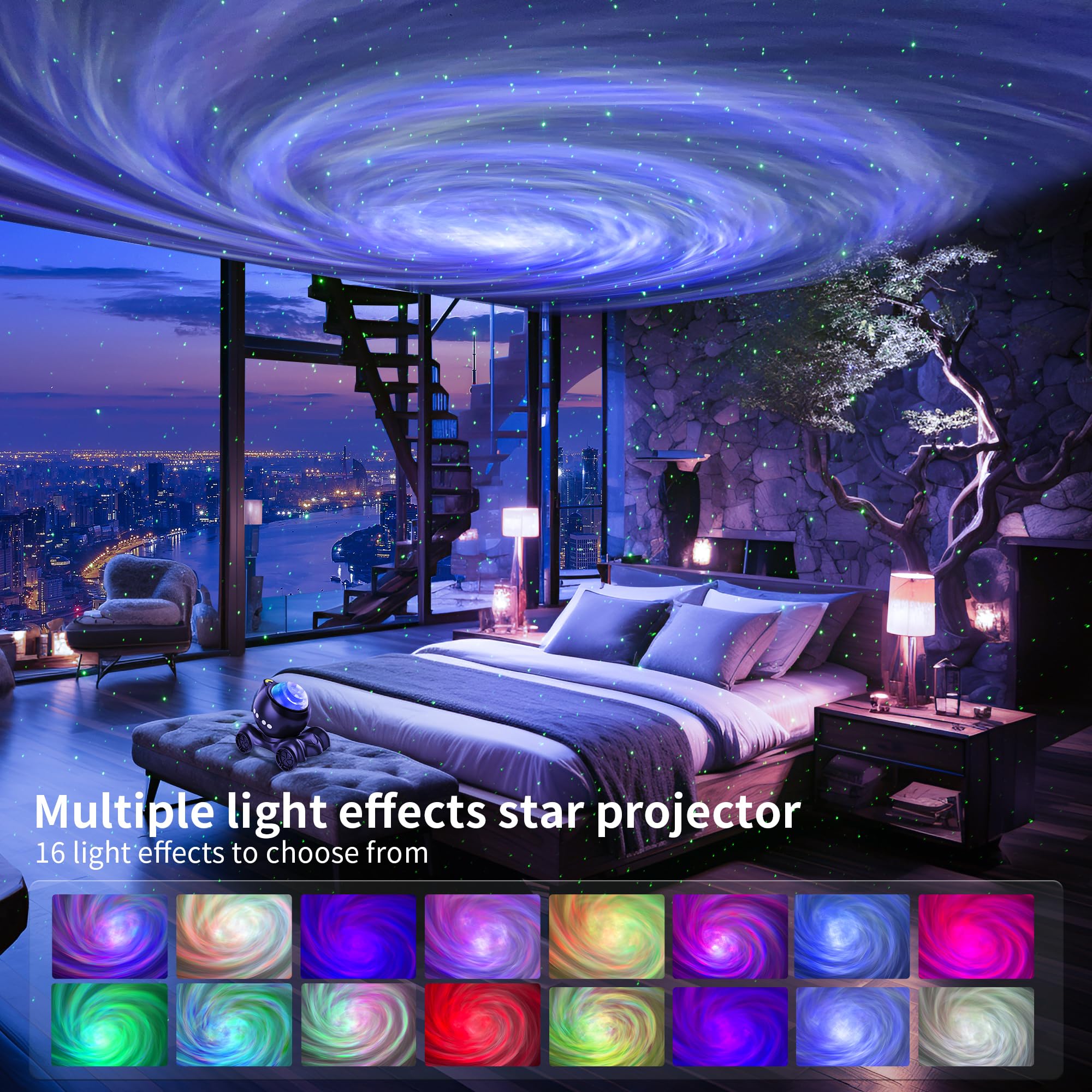 Aurora star projector night light with built-in Bluetooth speaker and white noise