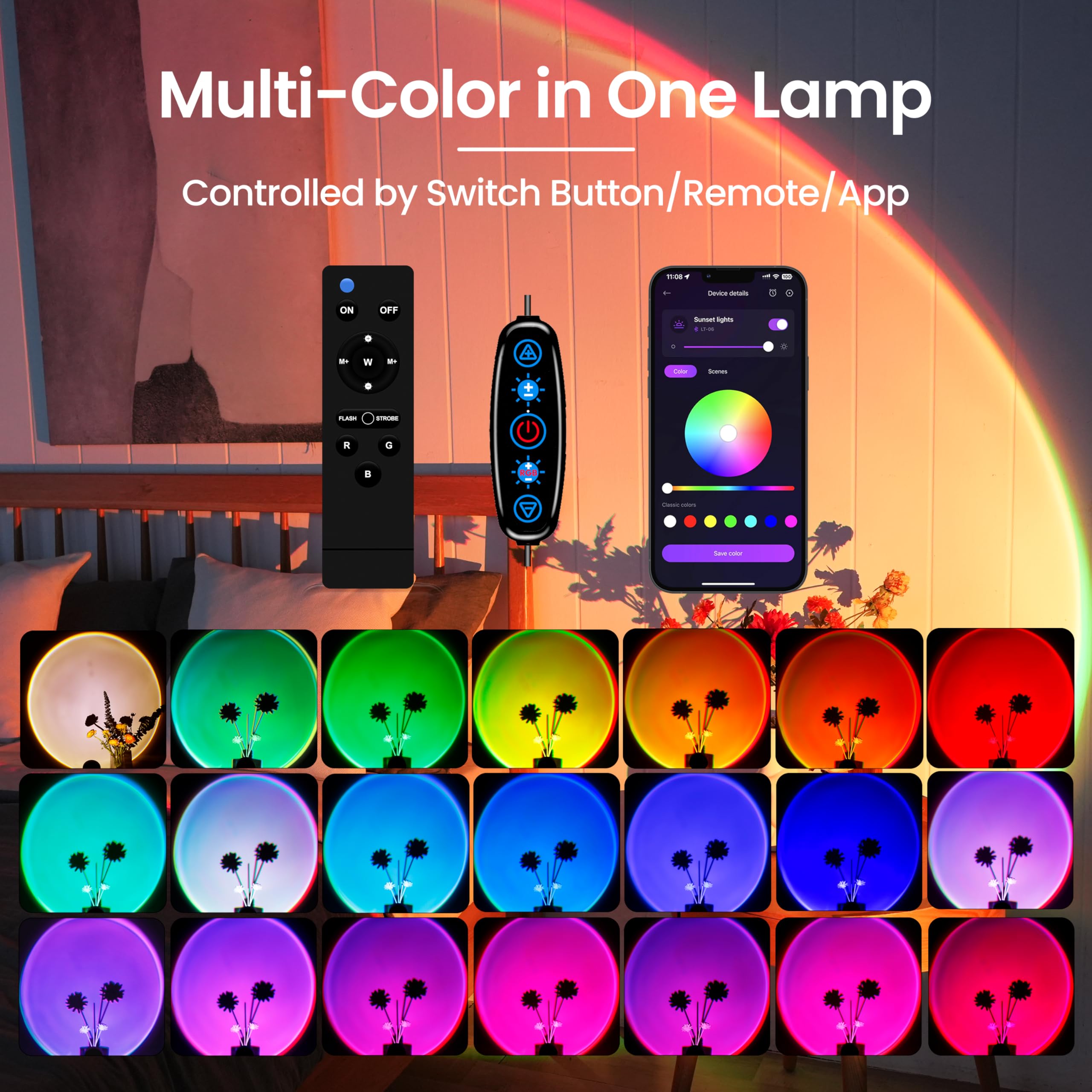 Sunset projection night light with app and remote control, 360 degree