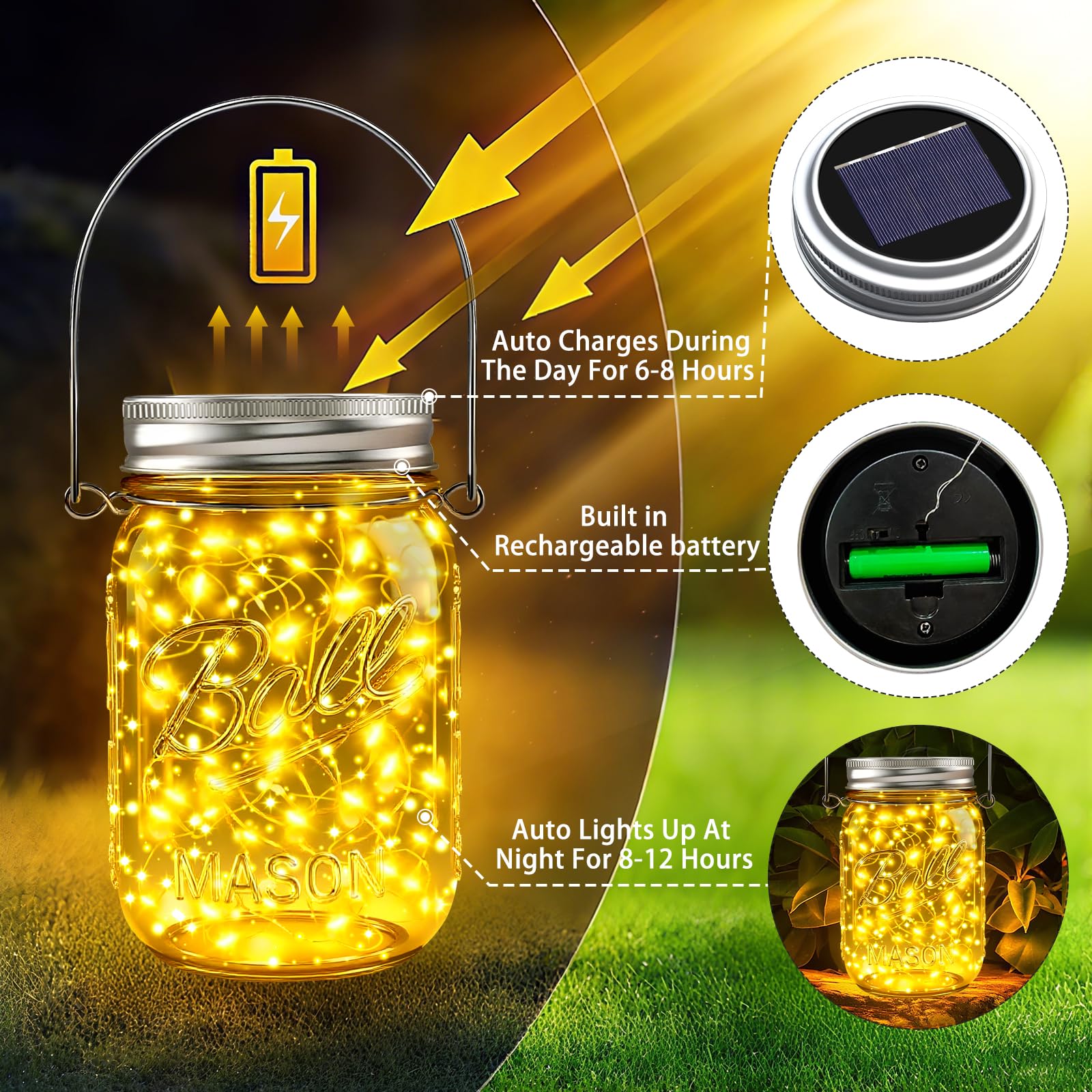 Firefly-style solar string light for mason jar lids, outdoor, 12-pack
