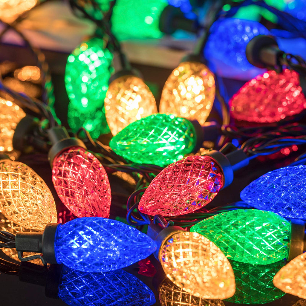 49 ft plug-in C9 string lights with 50 multicolor LED bulbs, 8 modes