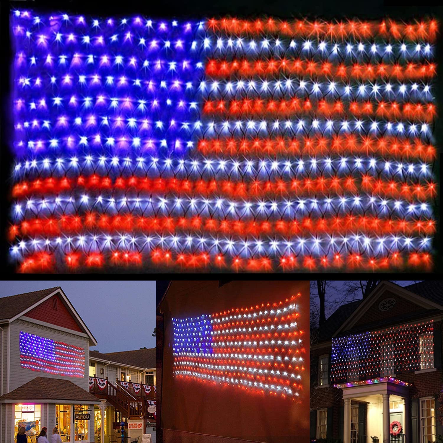420-LED waterproof American flag net outdoor string lights for patriotic decor