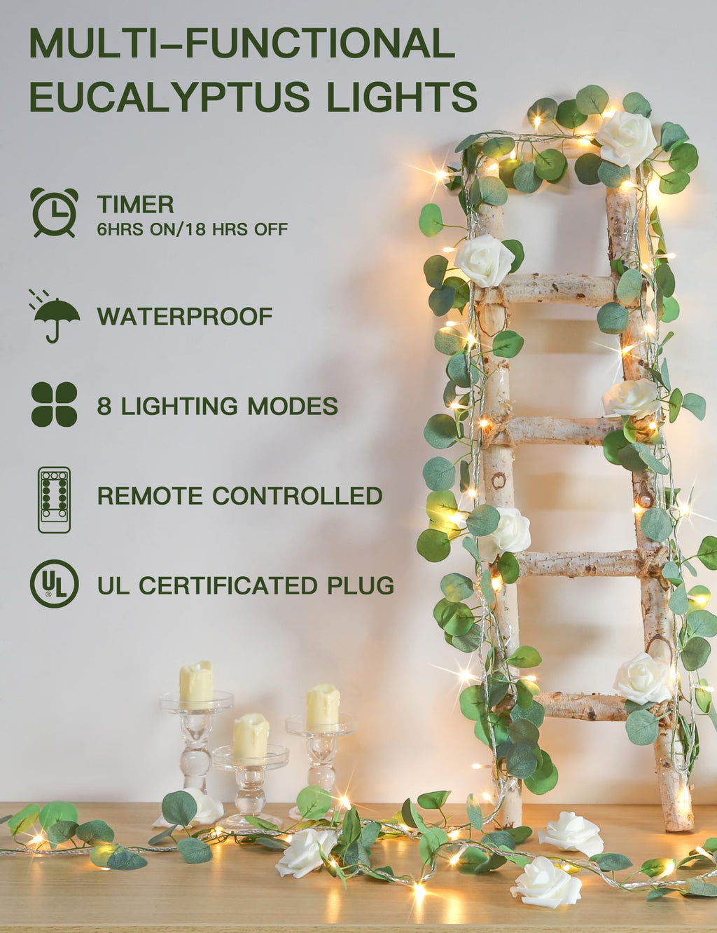 33 ft eucalyptus vine garland string lights, 100 LED connectable decor