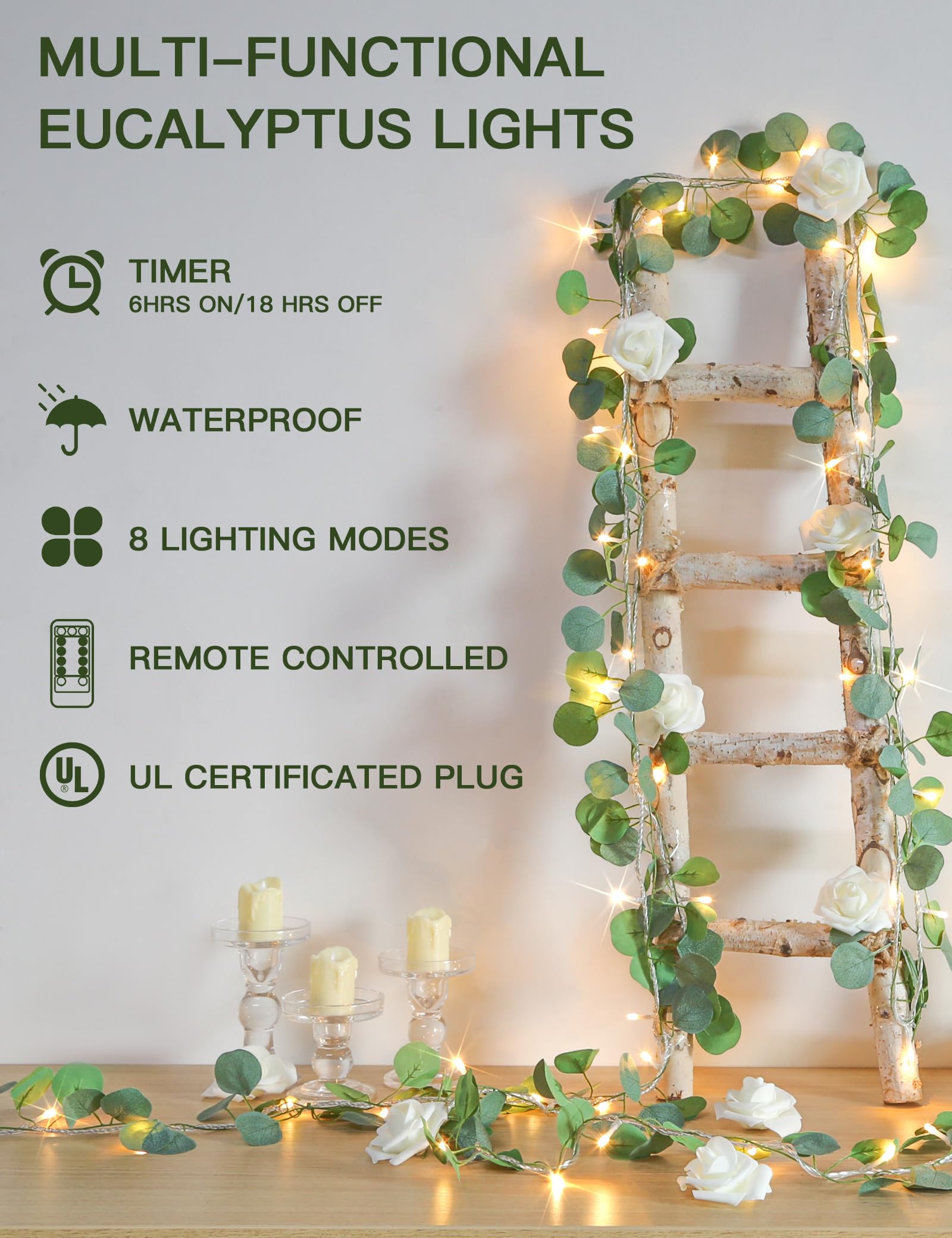 33 ft eucalyptus vine garland string lights, 100 LED connectable decor