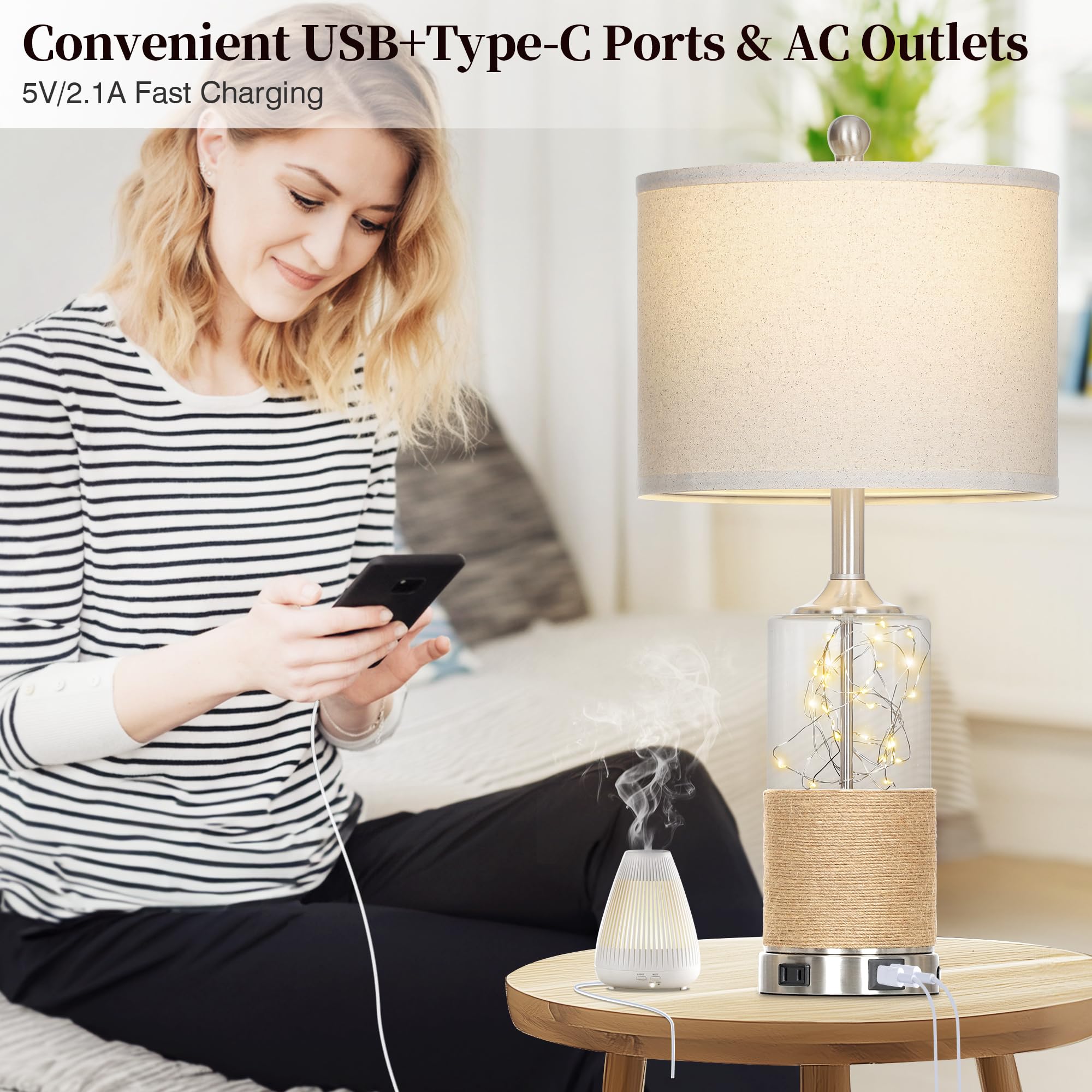 2-Pack 25" Coastal Glass Table Lamps – Touch Control 3-Way Dimmable with USB-C Ports & Linen Shade for Living Room & Bedroom