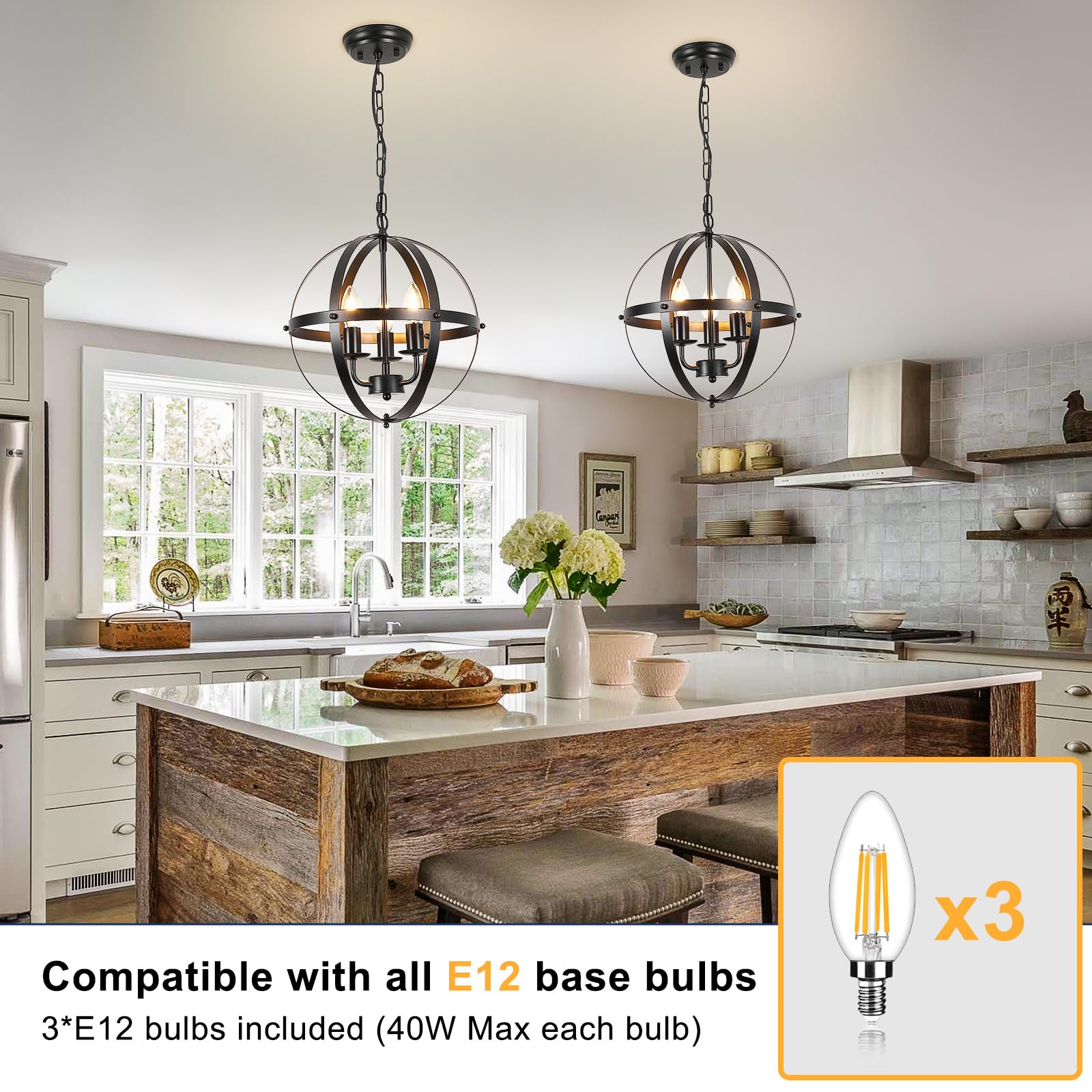 3-light vintage flush-mount pendant lamp with spherical shade decor