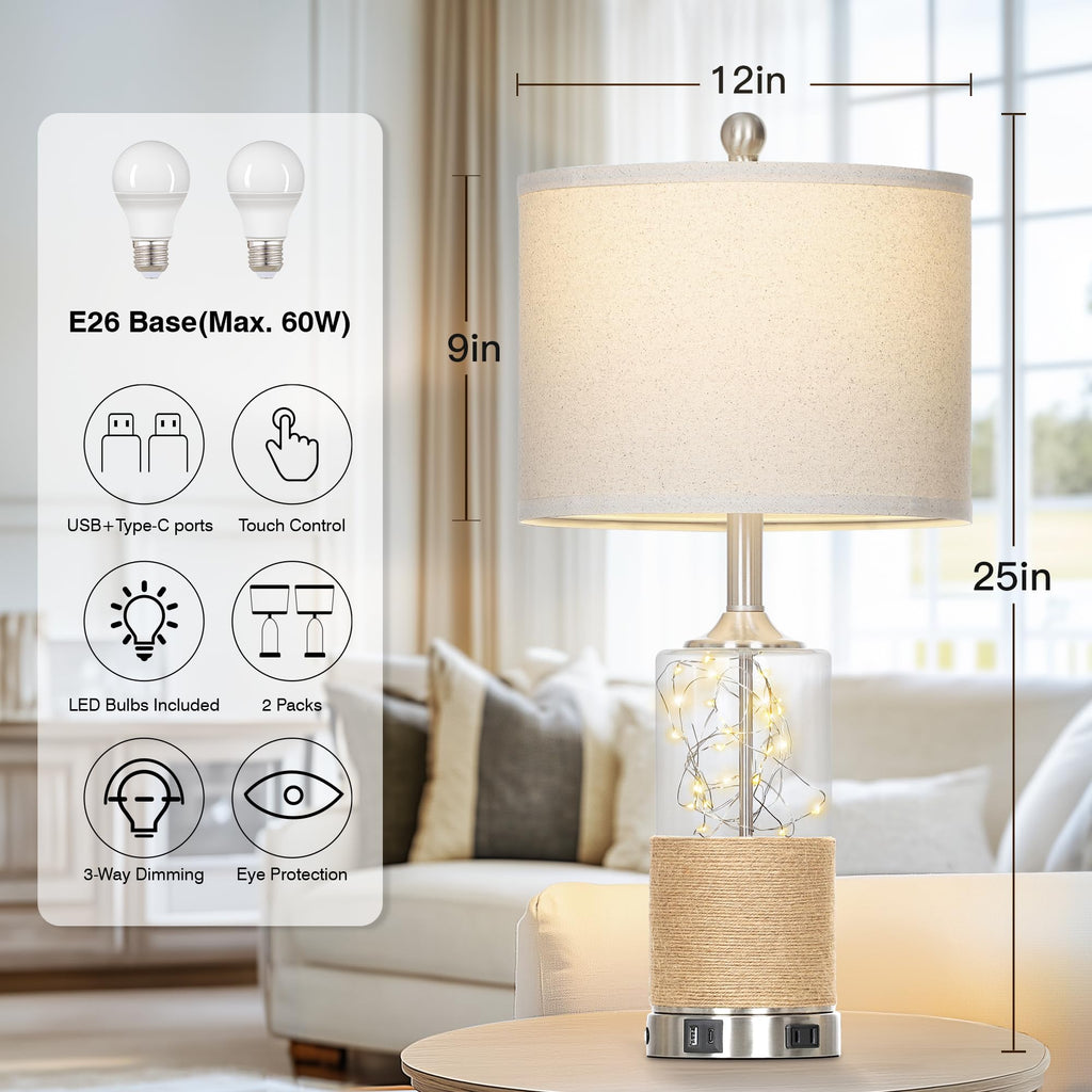 2-Pack 25" Coastal Glass Table Lamps – Touch Control 3-Way Dimmable with USB-C Ports & Linen Shade for Living Room & Bedroom