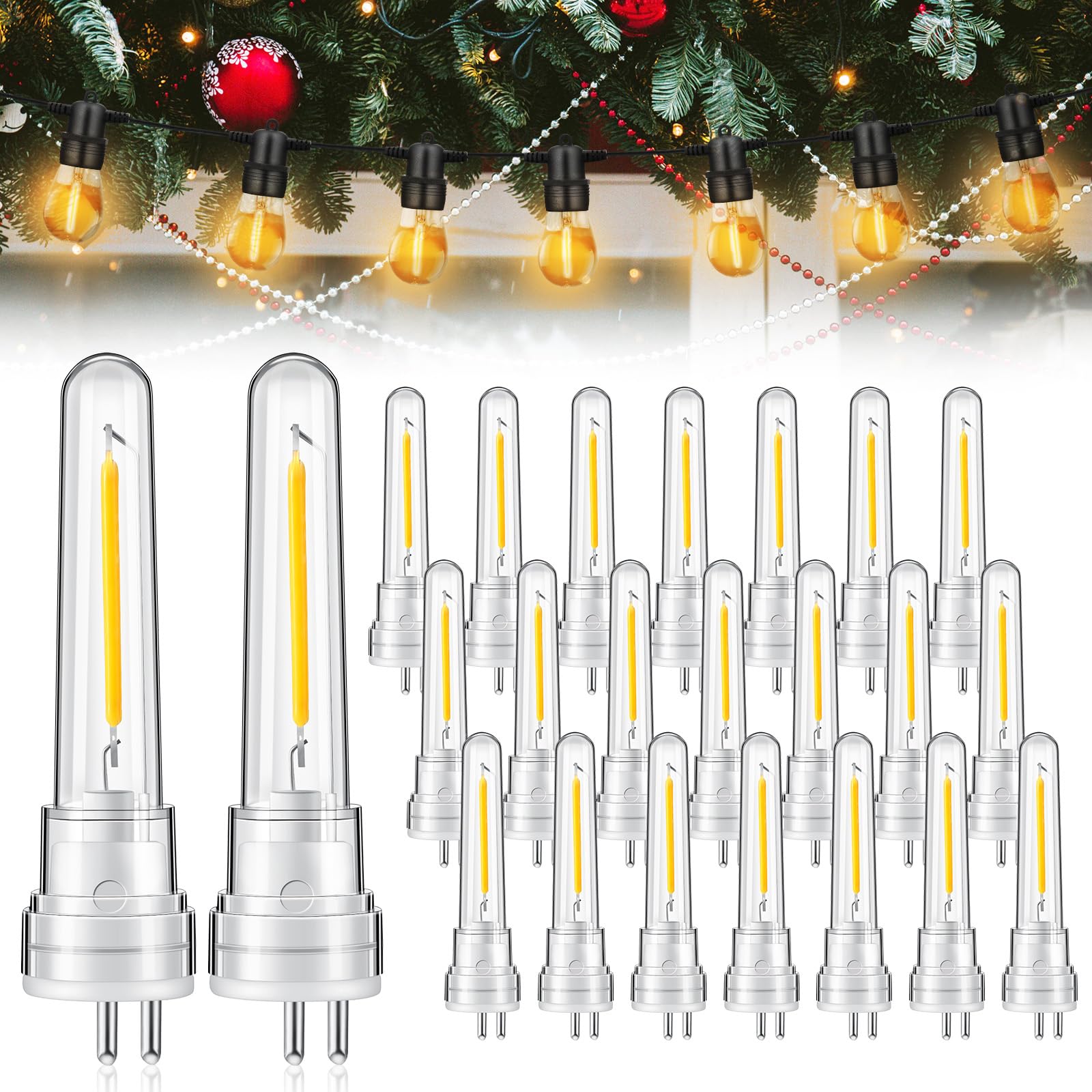 24-Pack S14 LED String Light Bulbs – 1.5W, 2700K Warm White, Waterproof, 2-Prong for Outdoor Patio Lights