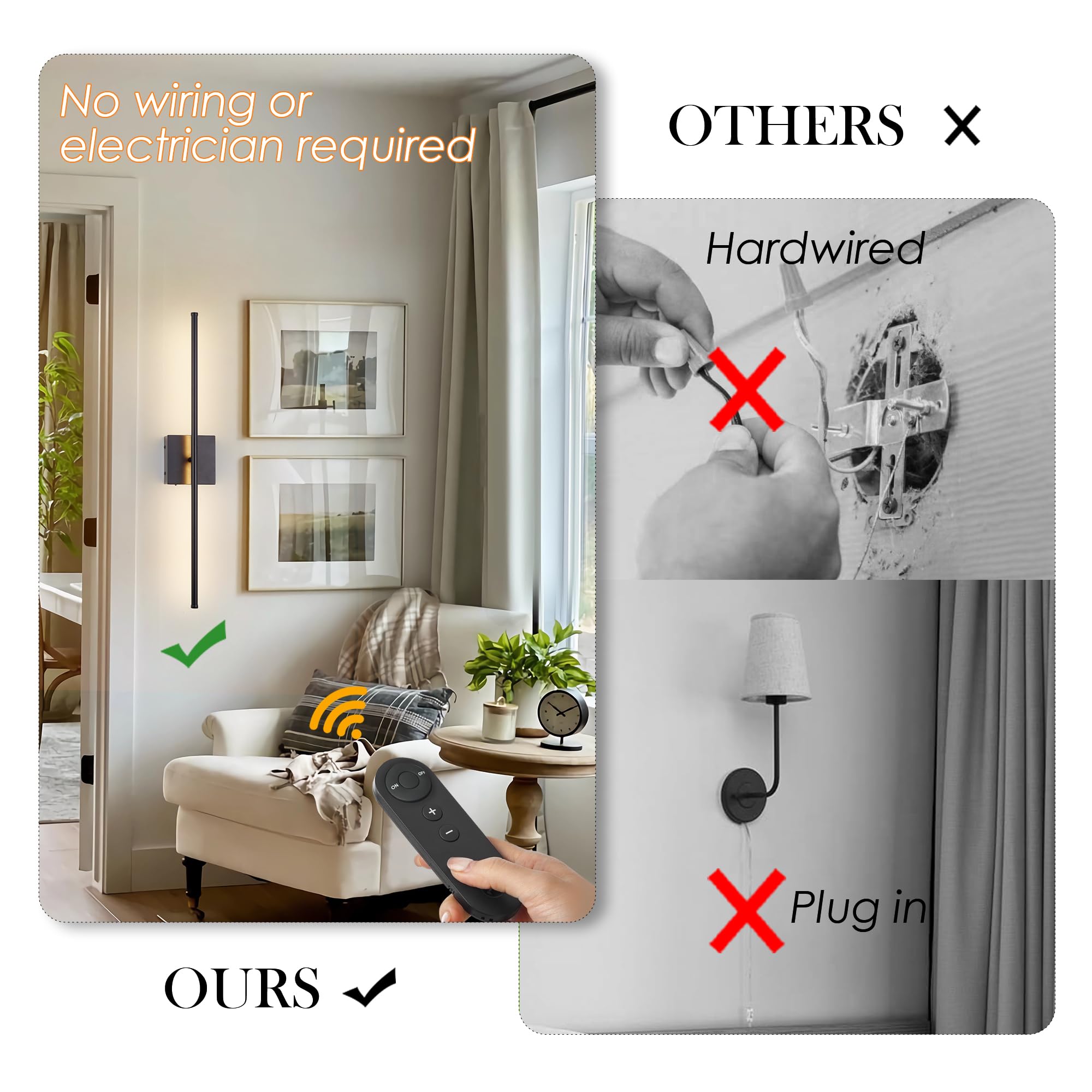 Rechargeable Wireless Wall Sconce Set of 2 with Remote for Home Decor