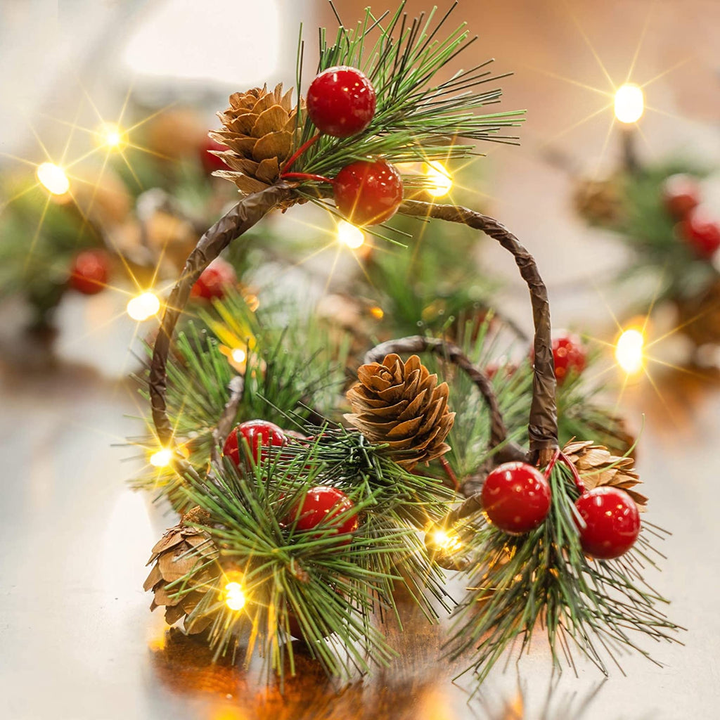 2-pack pine cone & berry garland string lights, 13 ft 40 LED battery