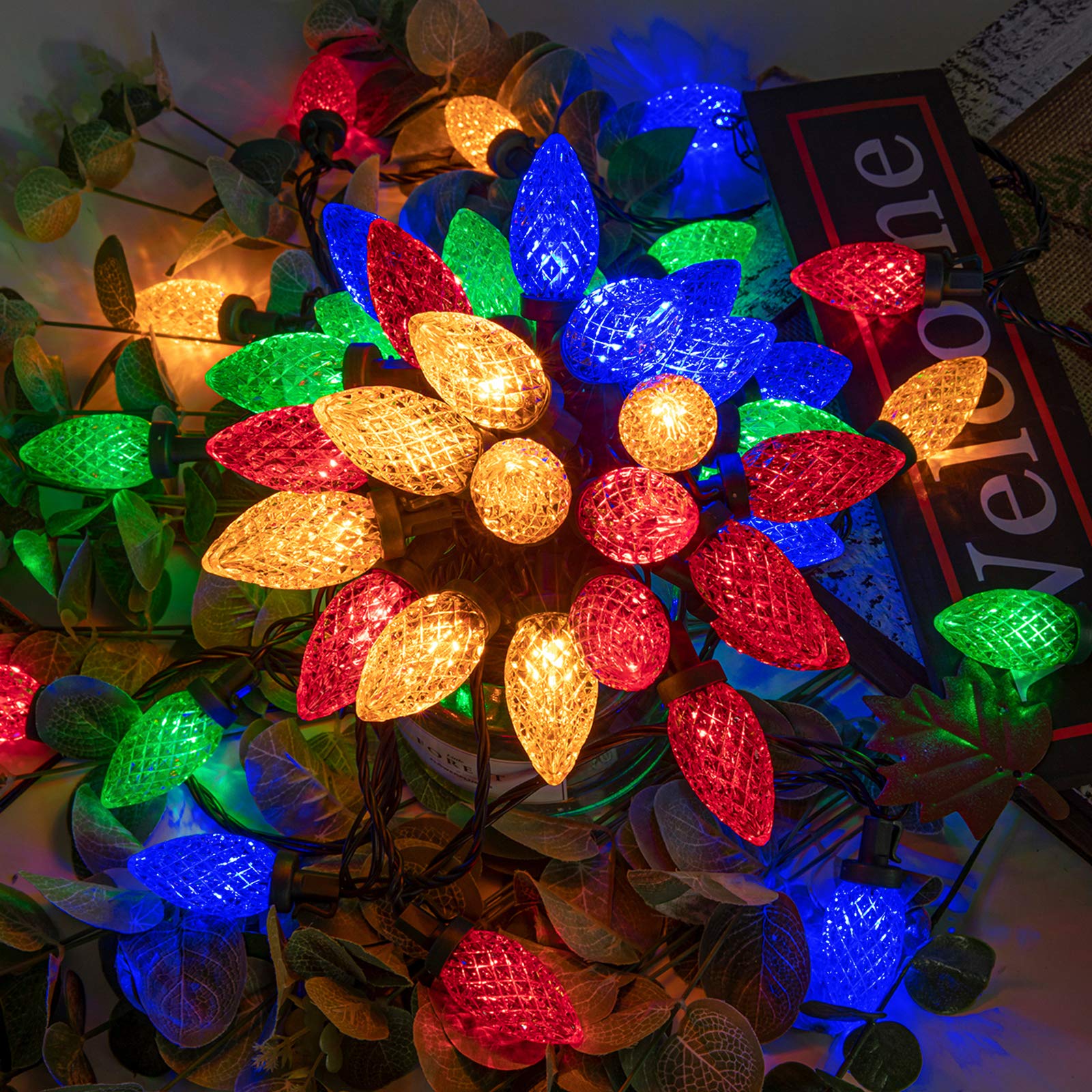 49 ft plug-in C9 string lights with 50 multicolor LED bulbs, 8 modes