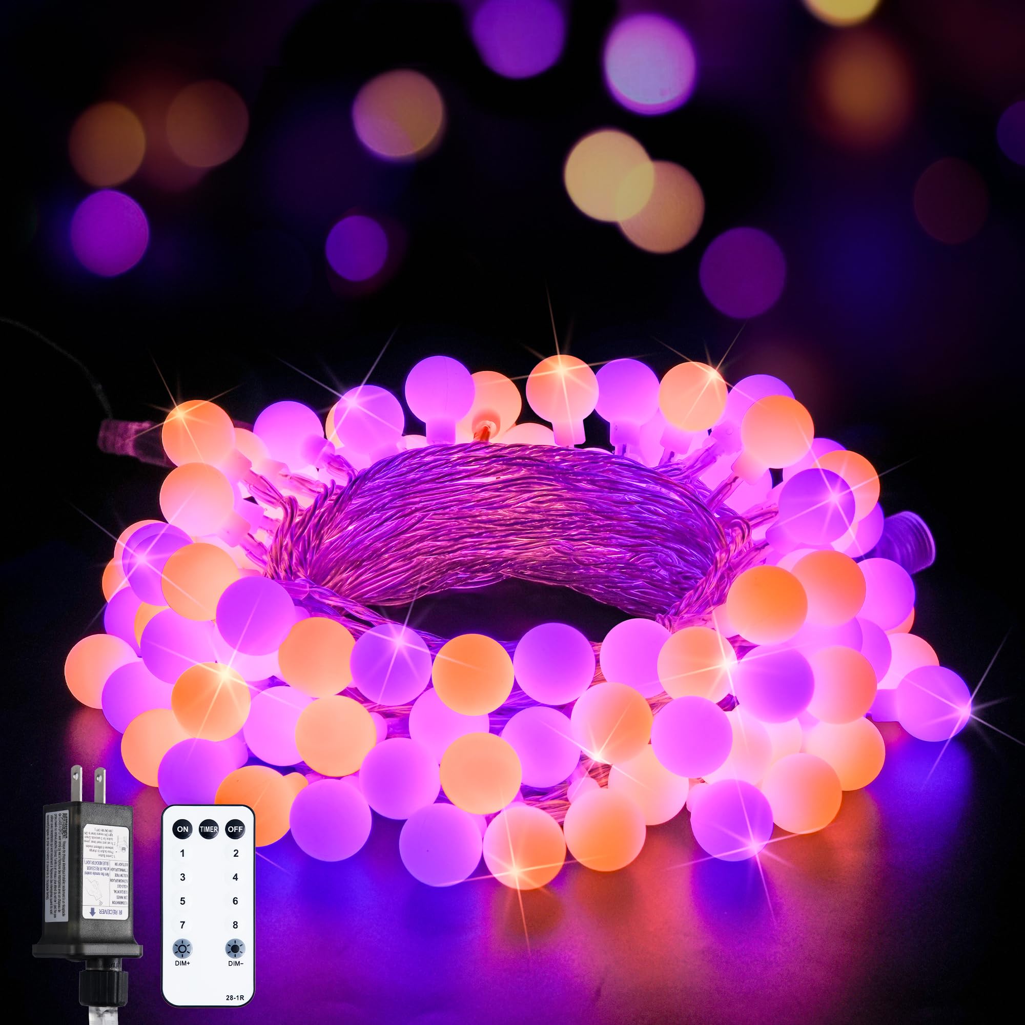 Orange and purple globe string light, 33 ft, connectable