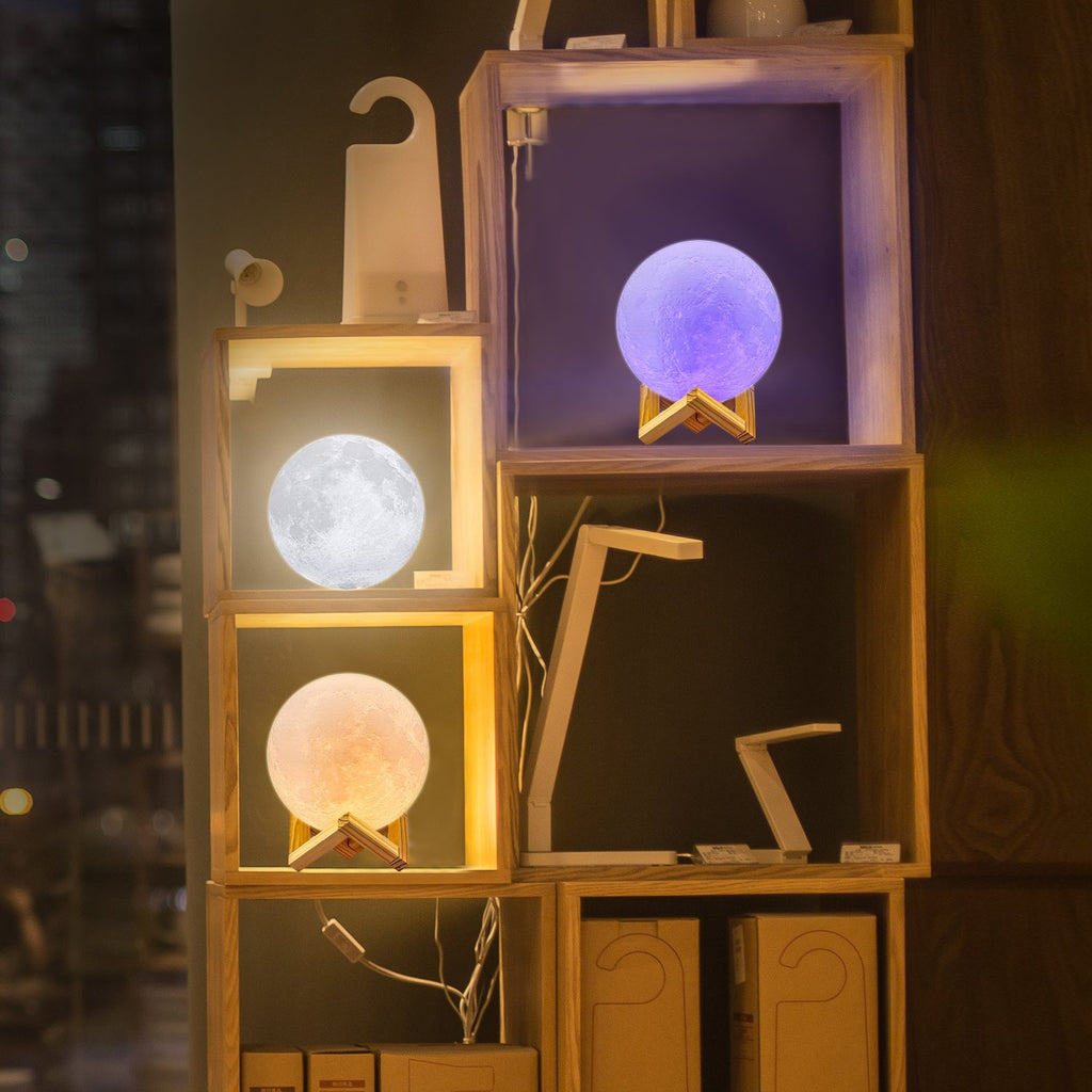 3D-printed moon night light with 16 color LED modes and stand