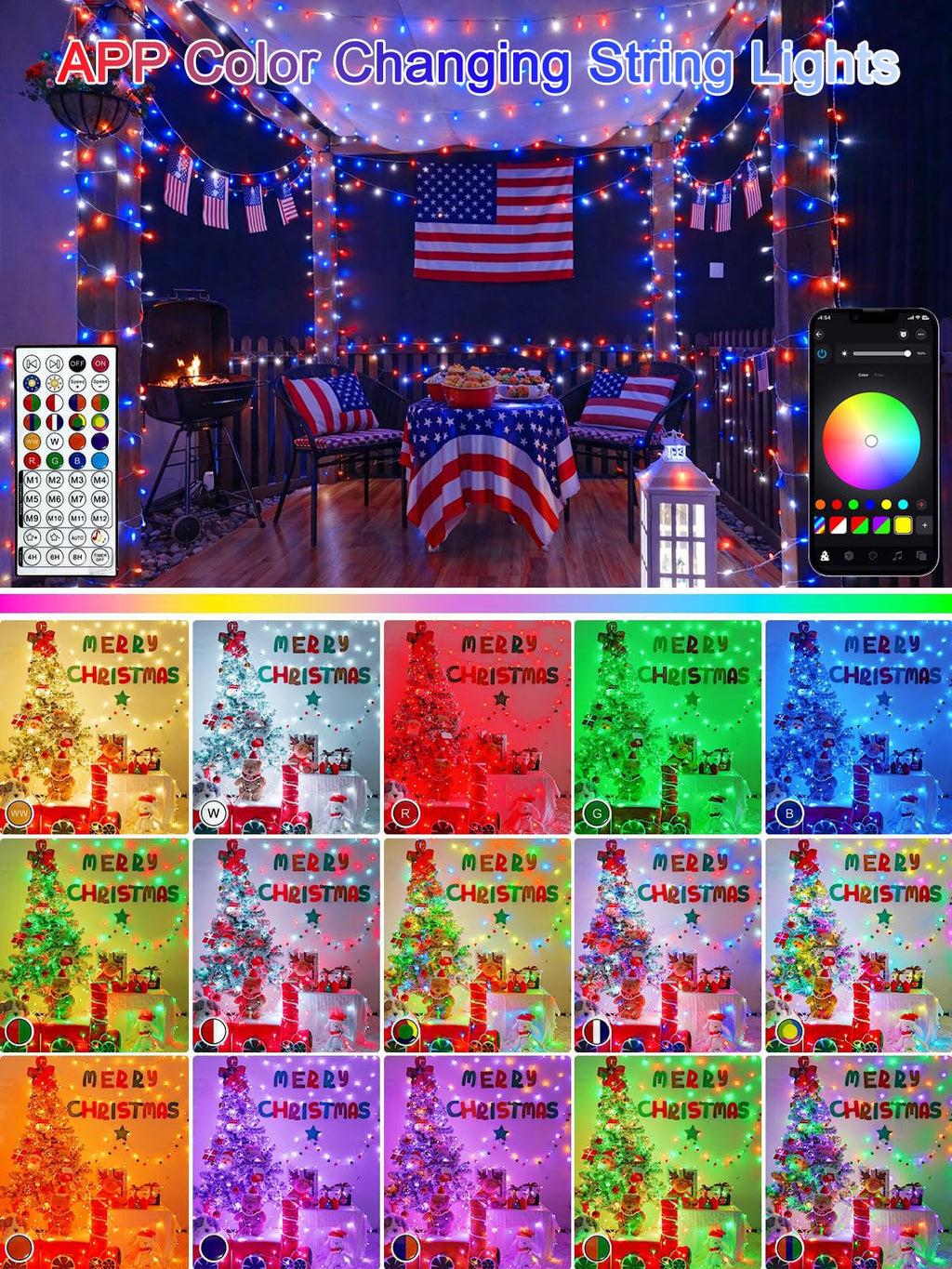 132-ft red white and blue RGB outdoor string lights with app and timer