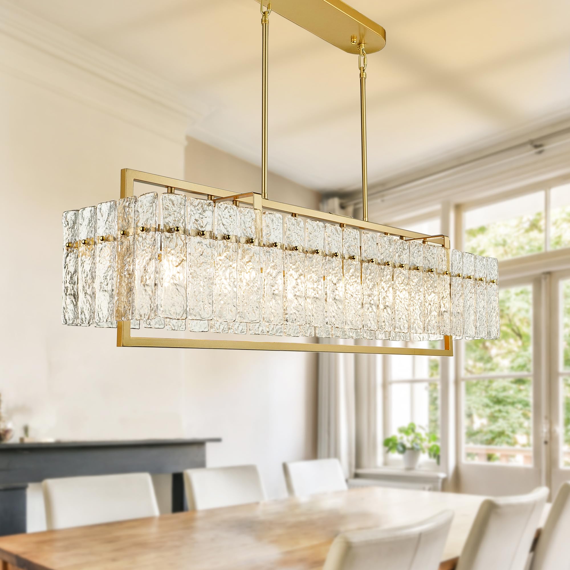Gold Crystal Rectangular Chandelier, Water Ripple Glass for Decor
