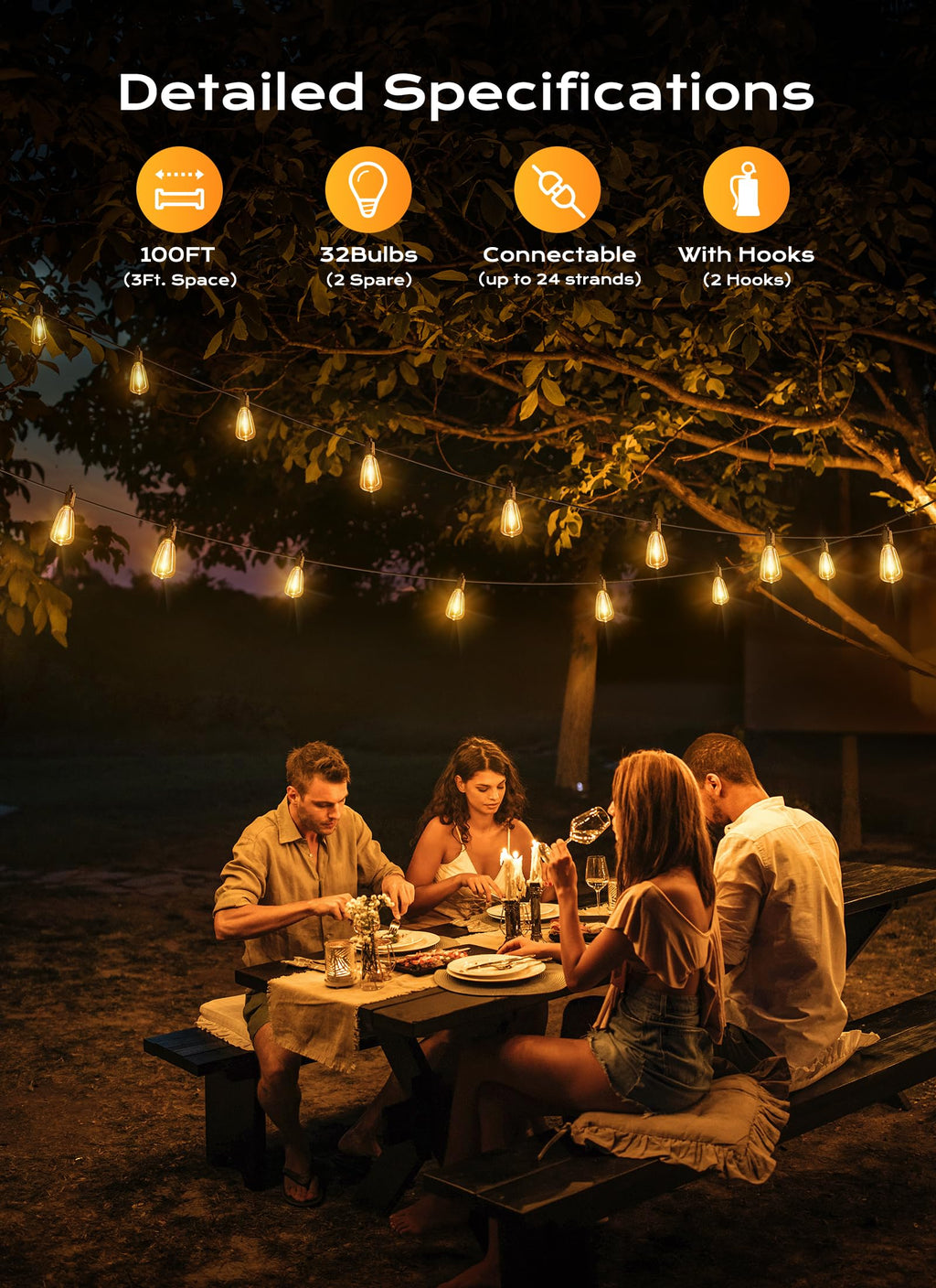 100-foot dimmable outdoor string light, shatterproof connectable bulbs