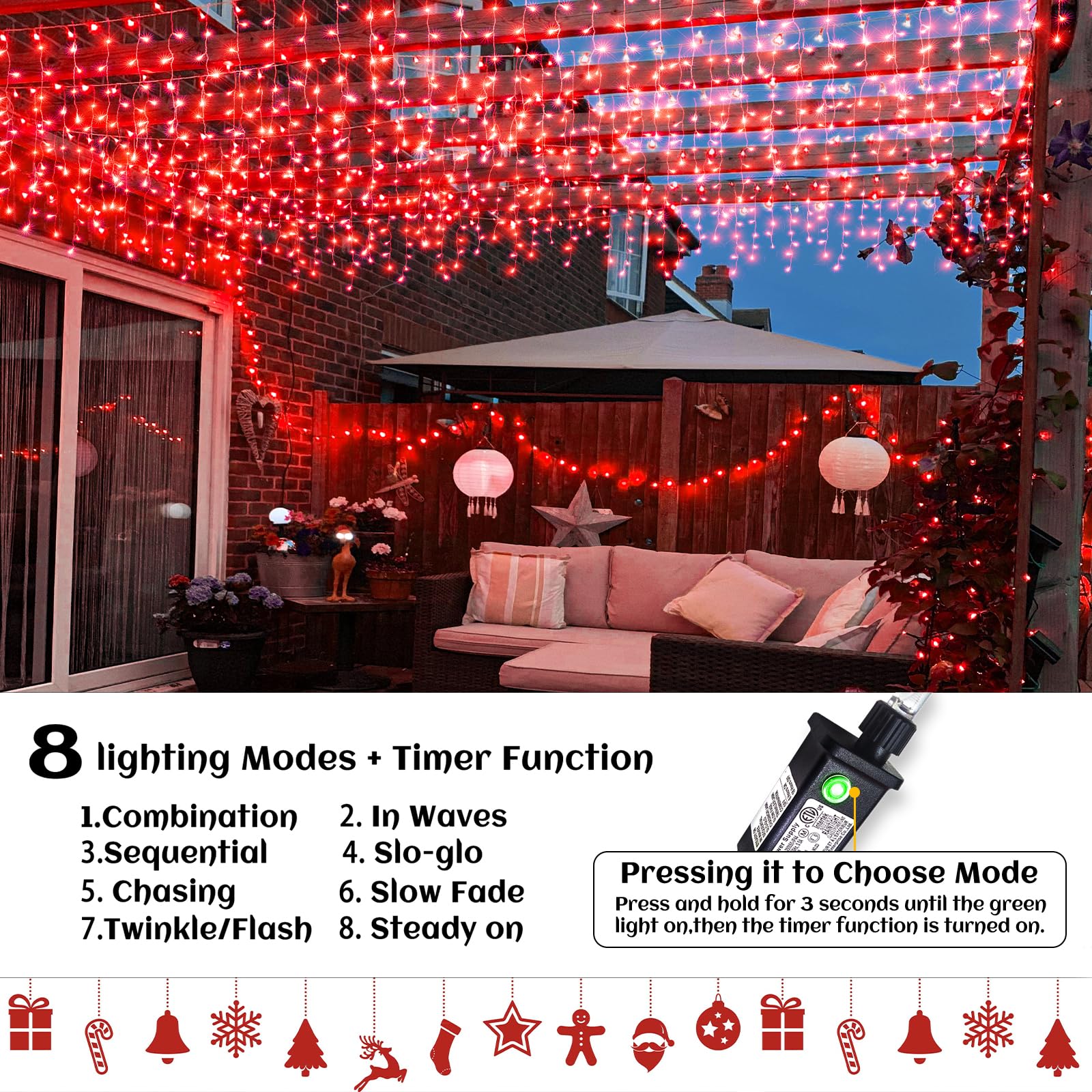 33FT Icicle Christmas Lights Outdoor – 400 LED Red Waterproof with 75 Drops for House & Tree Decorations