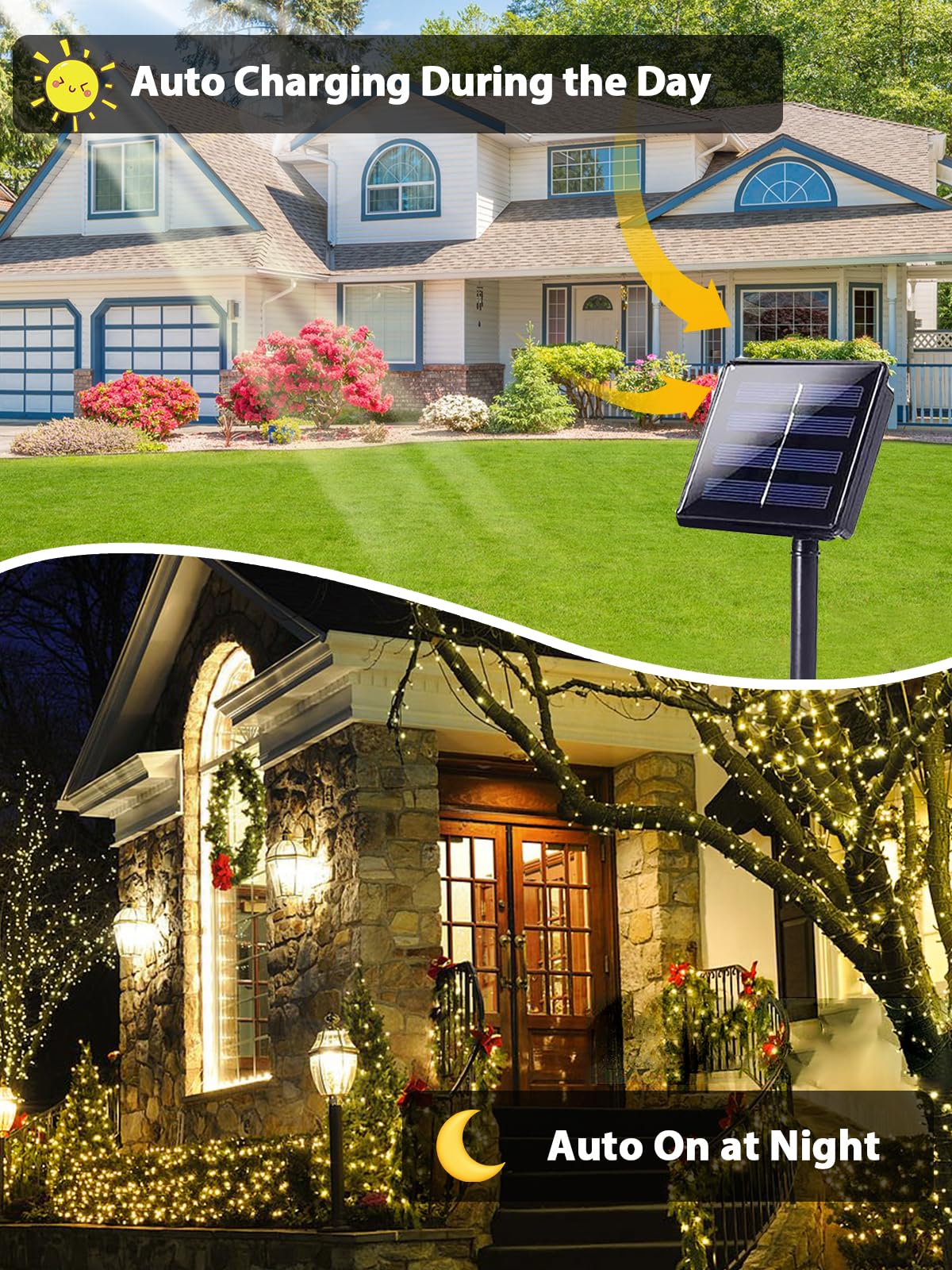 Solar outdoor string light, 200 LED with 8 modes, warm white, 2-pack