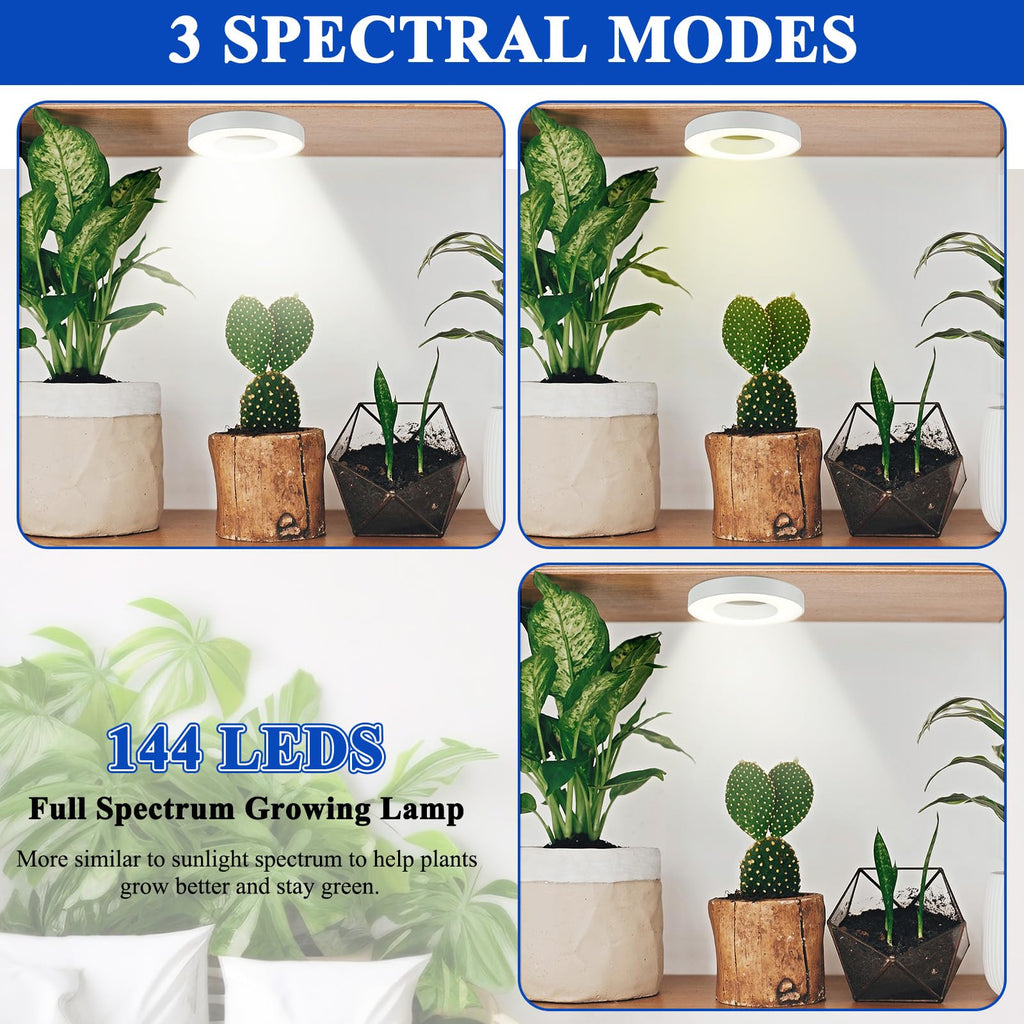 3-Pack LED Grow Lights Self-Adhesive – 144 LED Full Spectrum, Auto Timer 4/8/12H, 4 Brightness Levels for Indoor Plants & Seedlings