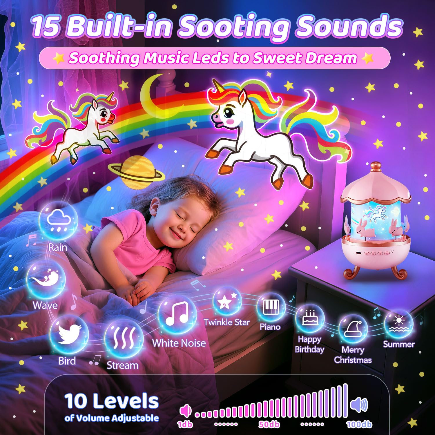 Unicorn star projector night light with sound machine for kids room