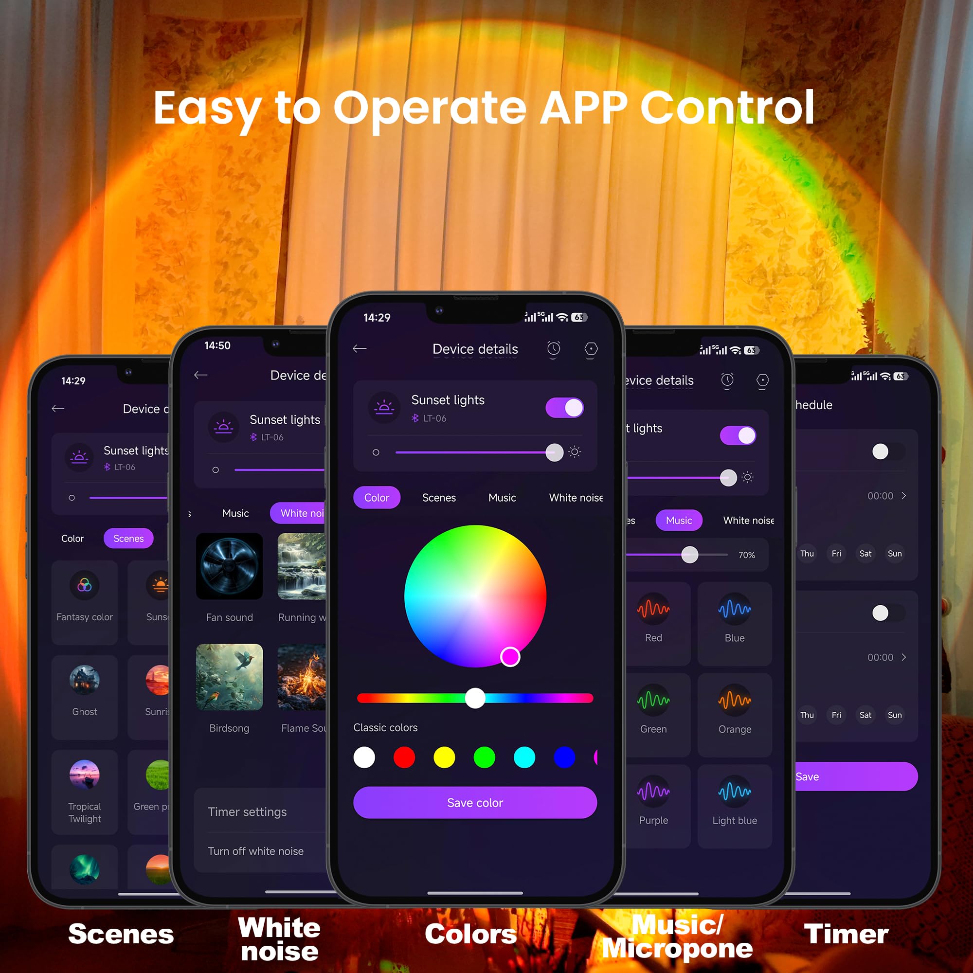 Sunset projection night light with 21 colors and app control
