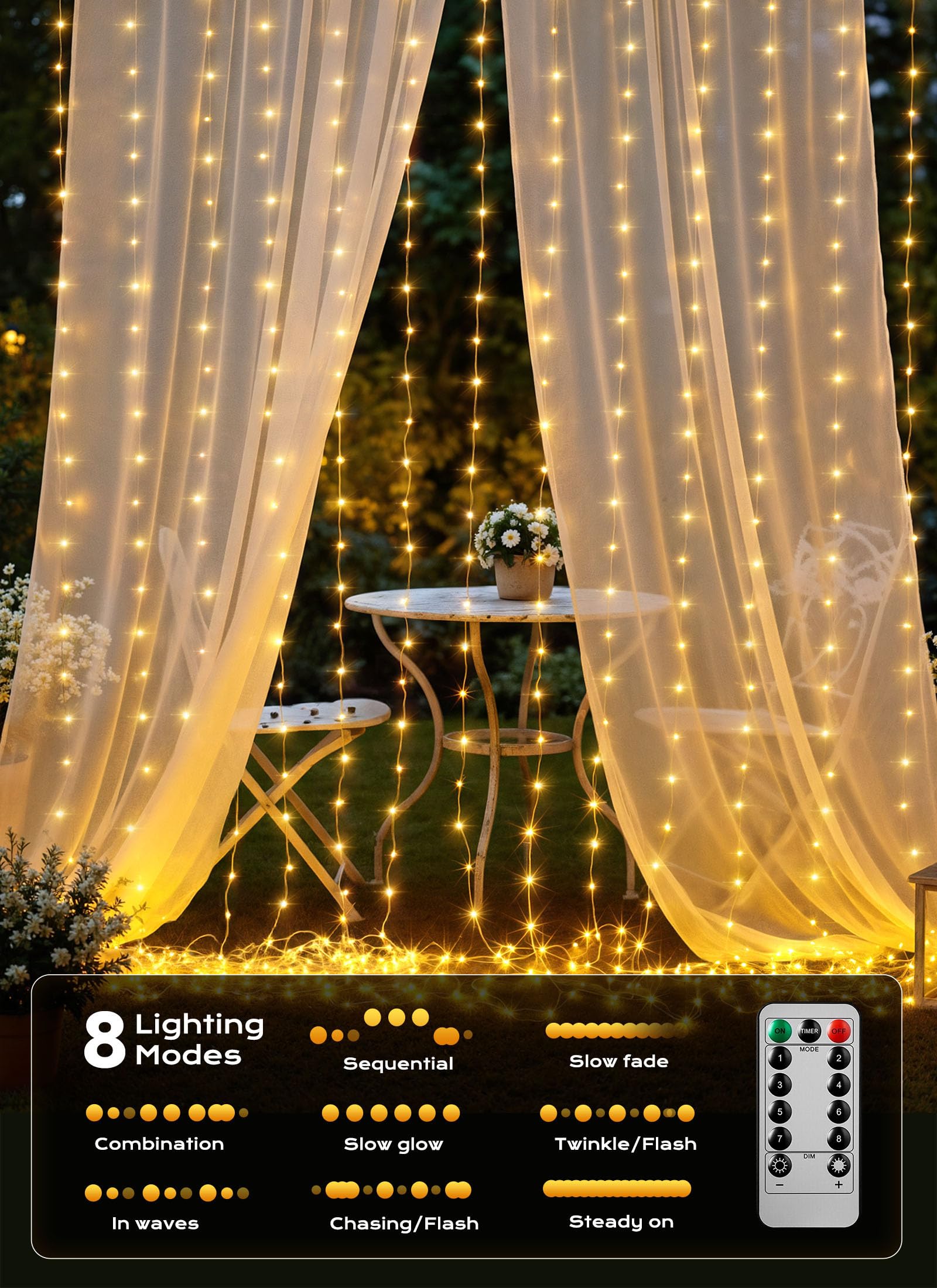 9.8 ft plug-in curtain string lights, 300 LED with 8 lighting modes