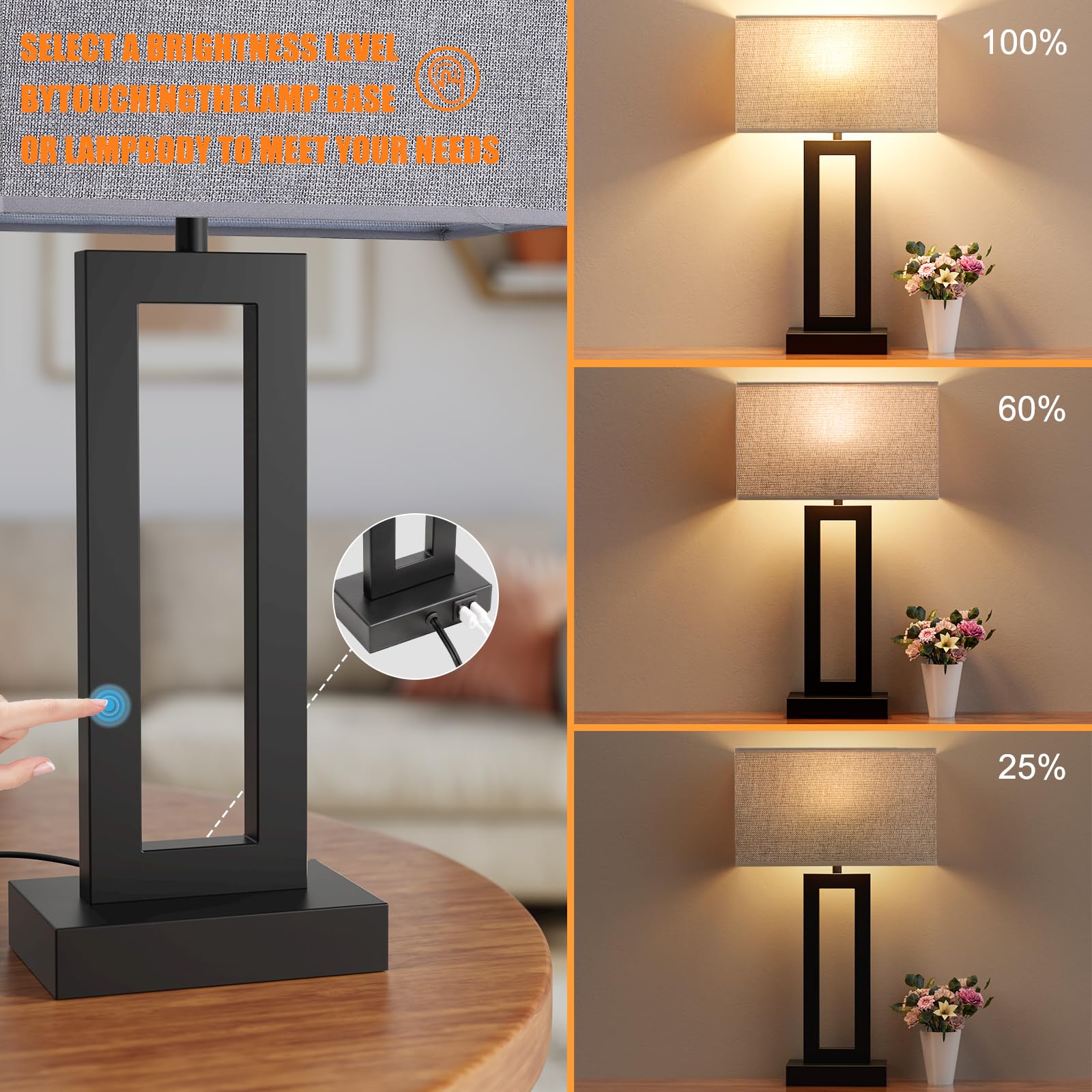 22-inch touch control bedside table lamp set of 2 with USB charging