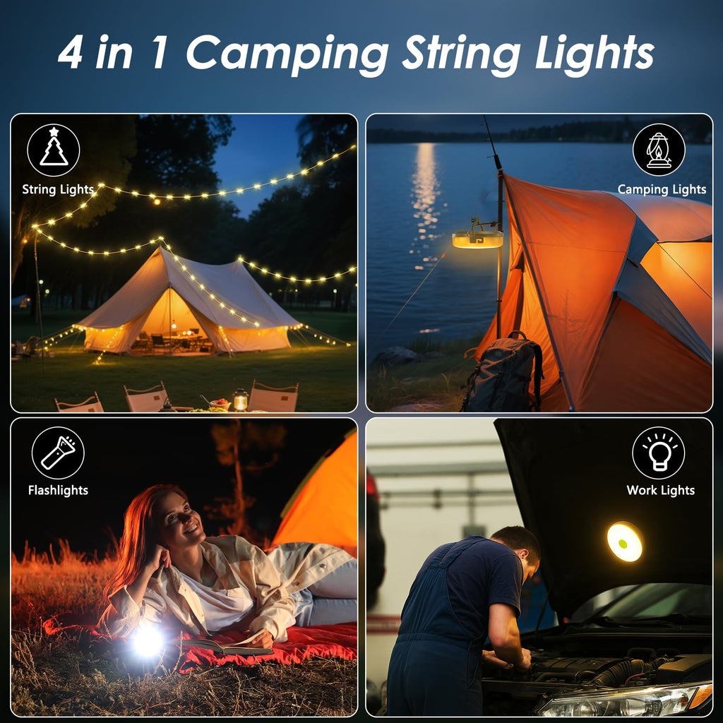 Rechargeable outdoor string light for camping, 8 modes, 2-pack