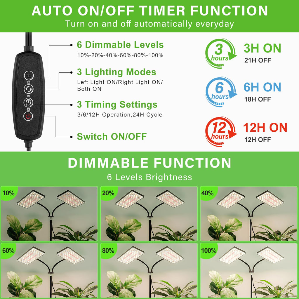 LBW 428 LED Grow Light Full Spectrum – Dual Head, 75" Adjustable Tripod, 3/6/12H Timer, 6 Brightness Levels for Indoor Plants