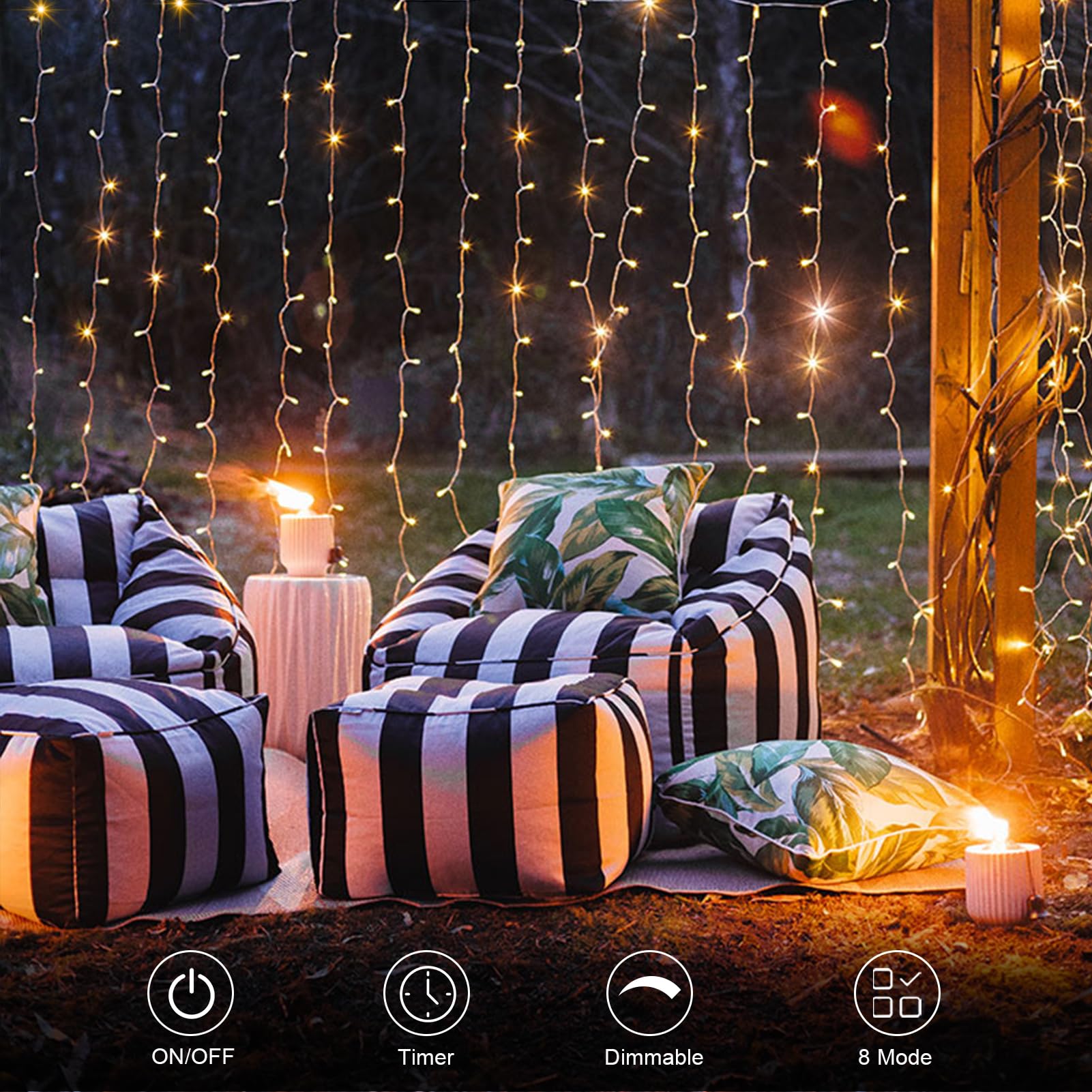 9.8x9.8-ft LED curtain string lights, battery operated, with remote and timer
